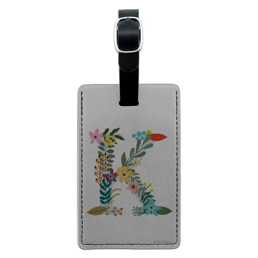 Personalized Letter K Floral Monogram Leather Luggage Tag - Rectangle Carry-On ID Tag for Travel Bags, Suitcases & Backpacks - Perfect for Airports, Business Trips & Vacation Travel Accessories