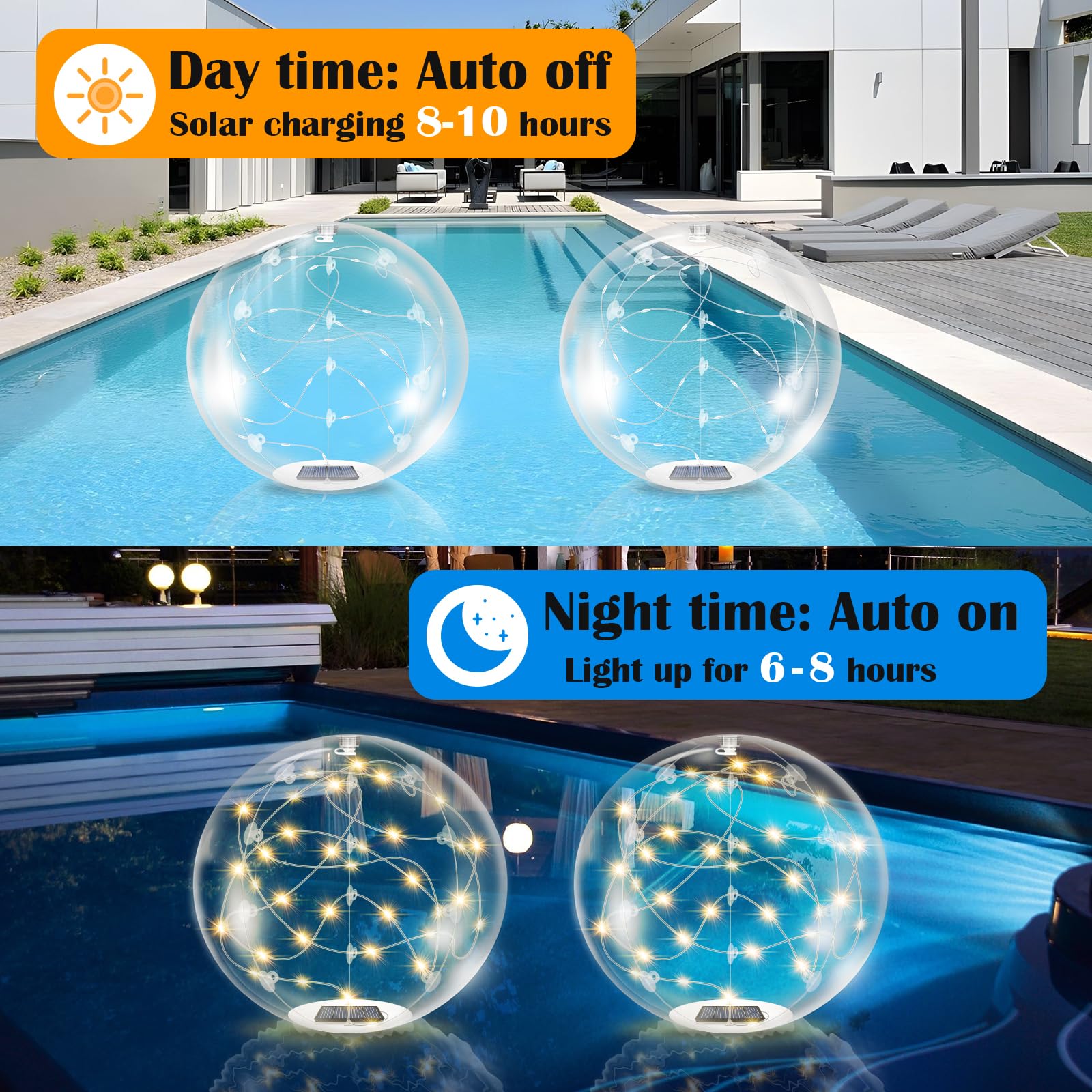 Solar Powered Floating Pool Lights - 14 Inch 3000K Warm White Inflatable LED Glow Balls, IP68 Waterproof for Inground Pools, Christmas & Outdoor Decorations - Perfect for Night Swimming, Pool Parties, and Holiday Lighting
