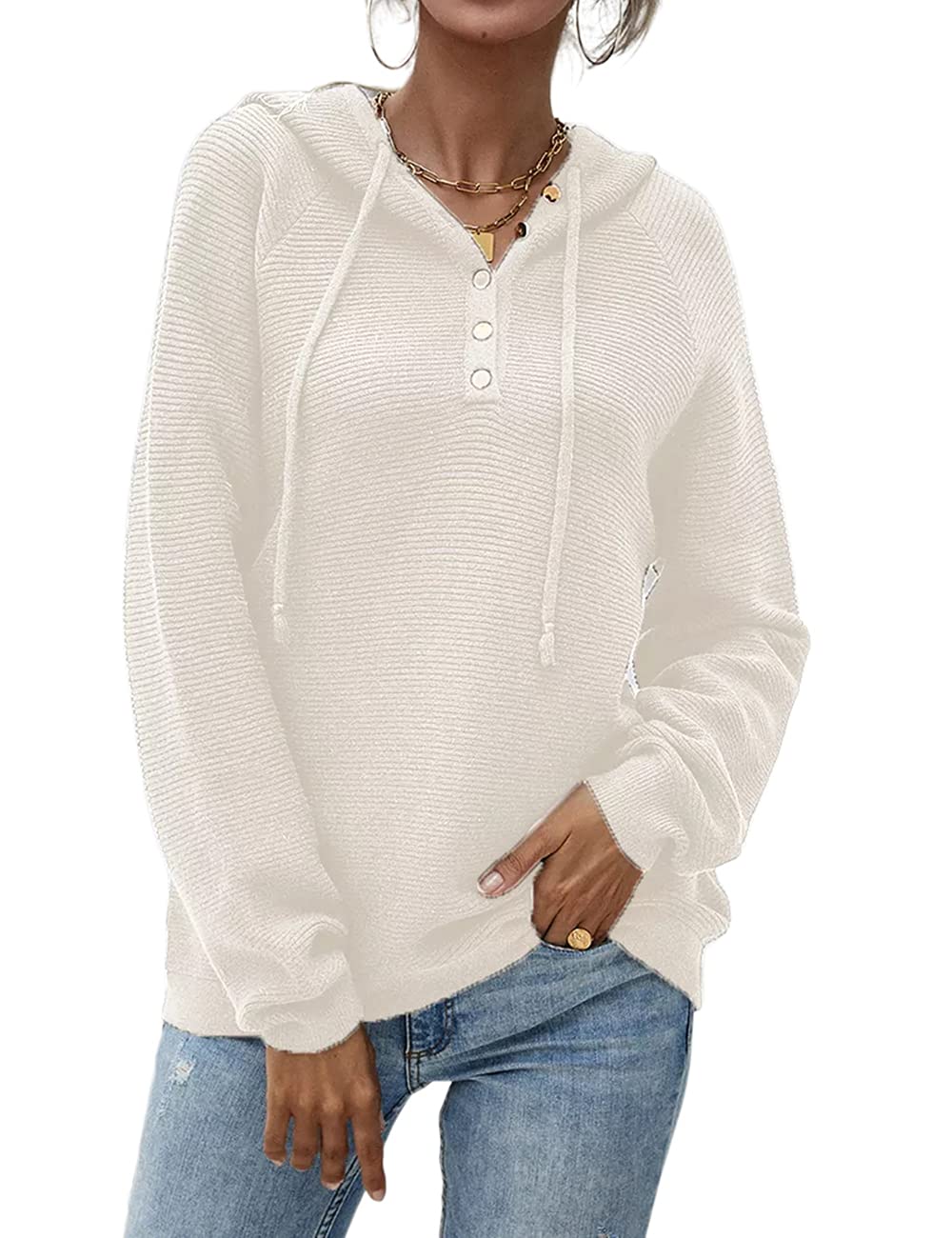 Lrady Women's Casual Pullover Sweater Knit Hoodie - Button Front V-Neck Henley Shirt Blouse & Tunic Top for Everyday Wear, Work & Weekend Outfits