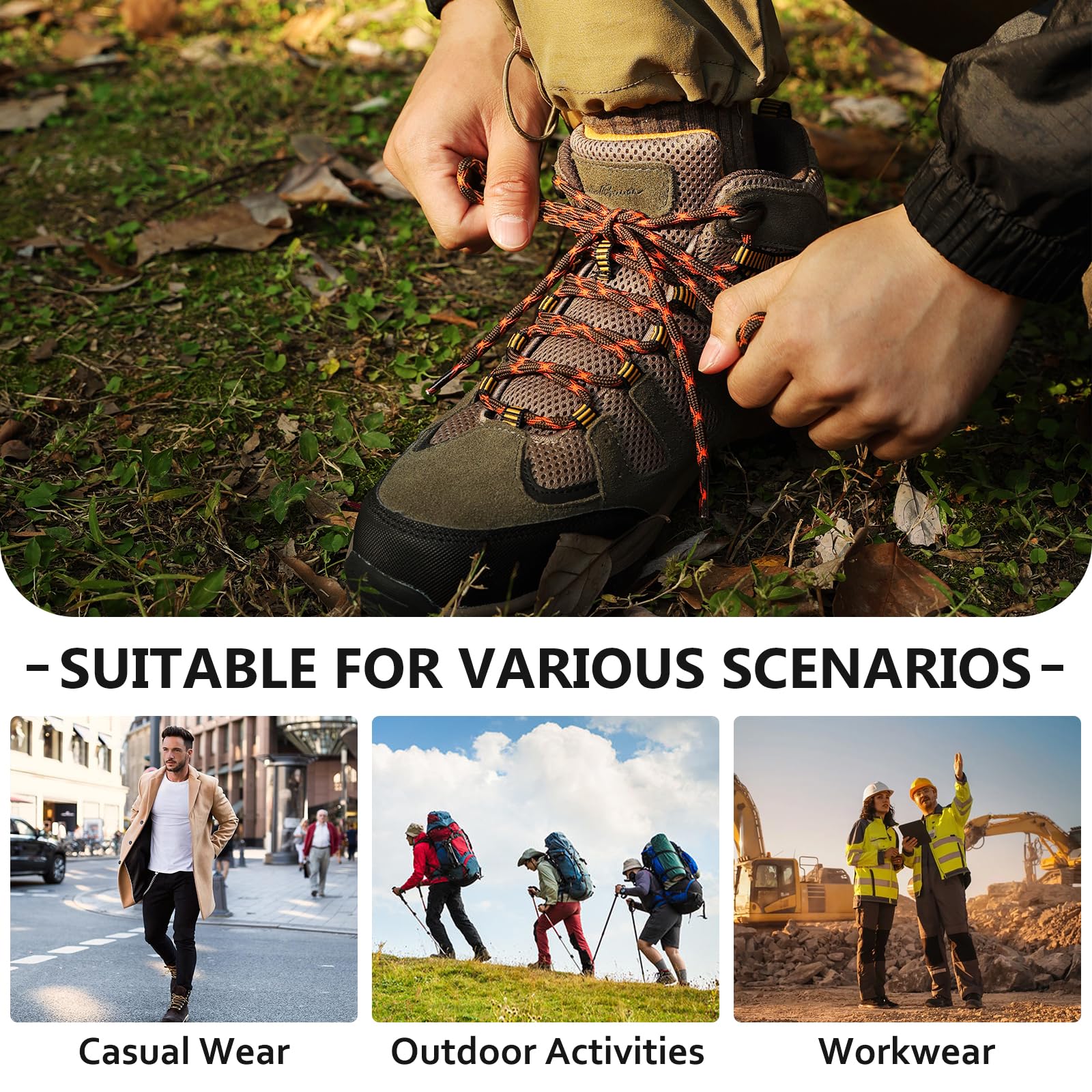 Stepace Wave Round Boot Laces [2 Pairs] - Heavy Duty Shoelaces for Work Boots & Hiking Shoes - Durable & Non-Slip Design for Outdoor Activities, Construction & Daily Wear