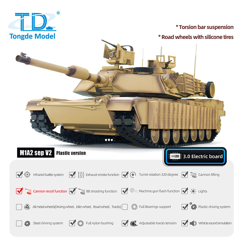 1/16 Scale Tongde RC Infrared Battle Tank - Radio Controlled Panzer M1A2 Abrams SEP V2 Electric Military Tank with 320° Rotation, Barrel Recoil & BB Unit - Realistic Simulation Model for War Games, Collectors & Battle Scenes