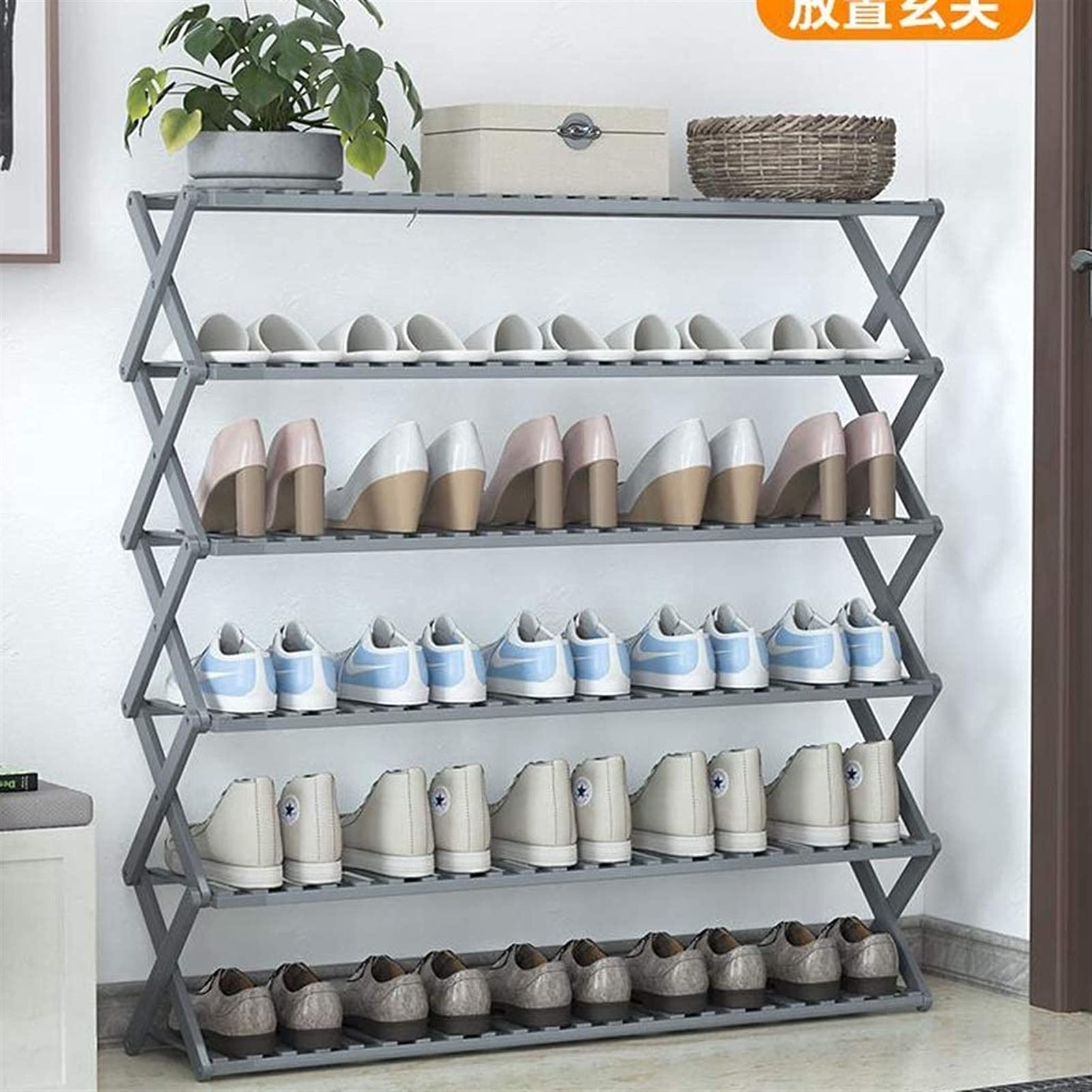 6-Tier Bamboo Shoe Rack - Foldable Shoe Storage Organizer with Plant Display Stand (100cm) - Space-Saving Closet, Corridor & Cloakroom Solution for Home Organization