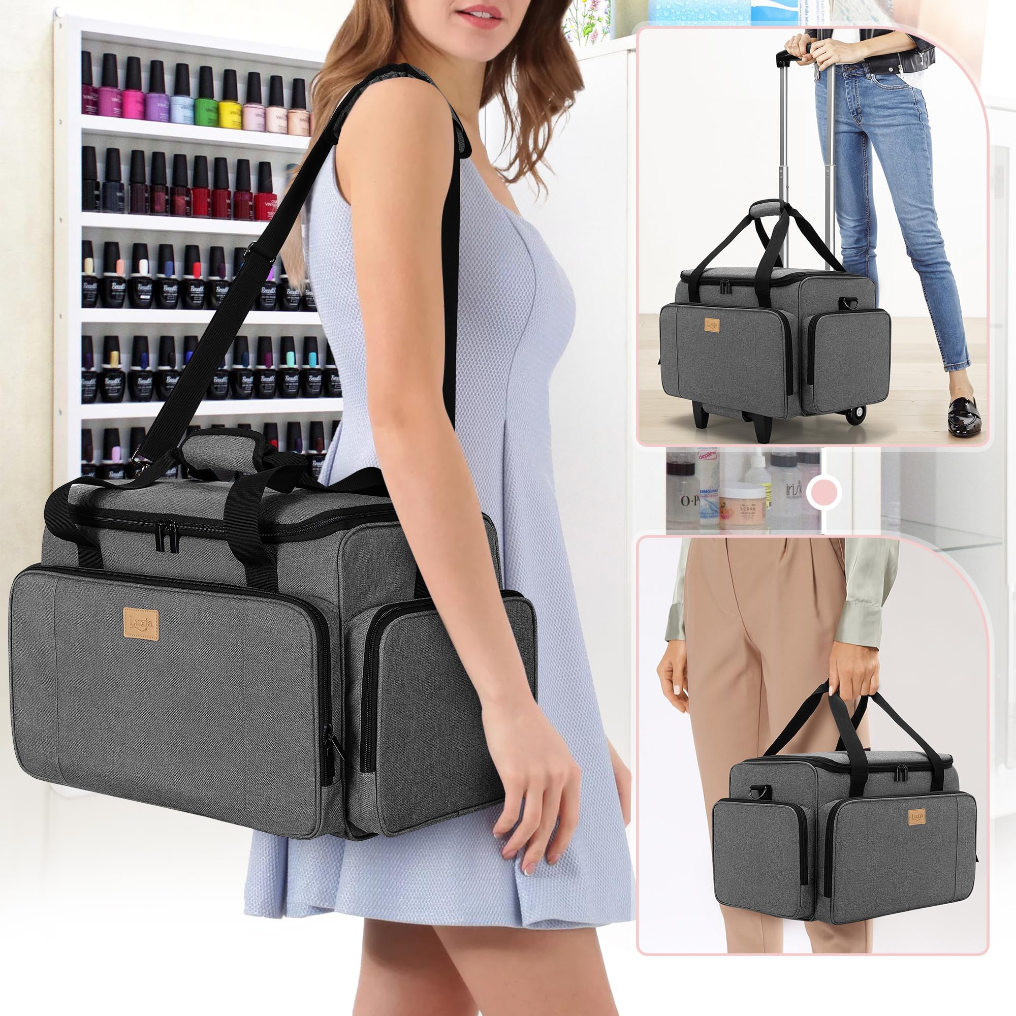Luxja Portable Nail Polish Organizer Bag with Wheels - Holds 90 Bottles & Nail Lamp, Detachable Trolley Storage Case for Salon & Home Use (Grey) | Perfect for Professional Nail Technicians & DIY Manicures