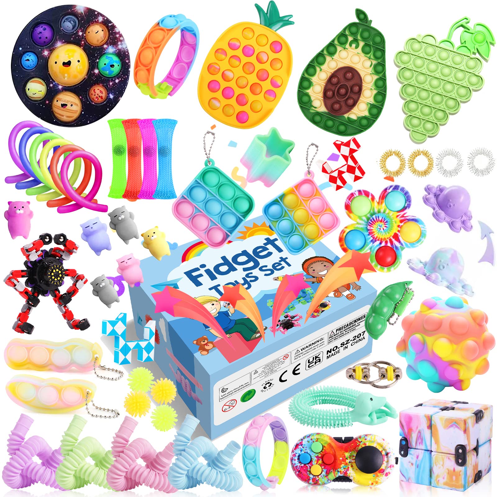 Fidget Toy Set for Kids & Adults - Stress Relief Sensory Toys with Ice Cream, Pineapple Drink Cup, Rainbow Spring Pad, Infinity Cube & Marble Mesh Pop Tube - Easter Basket Stuffers, Classroom Rewards & Anxiety Relief (Style-1)