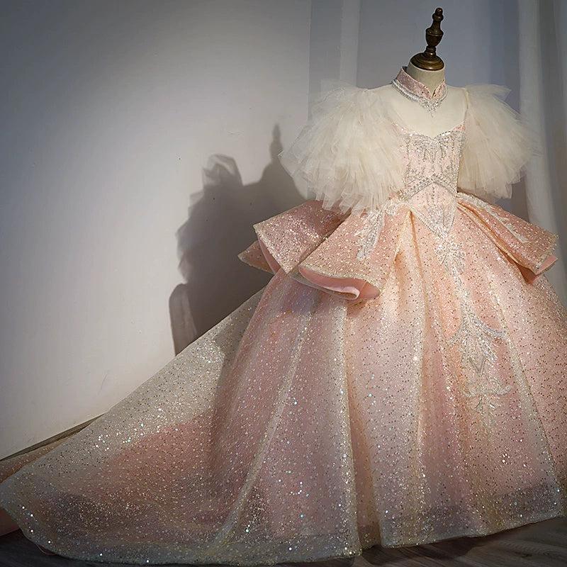 Pink Princess Sweetheart Floor-Length Sequined Flower Girl Dress for Weddings, Pageants & Special Occasions
