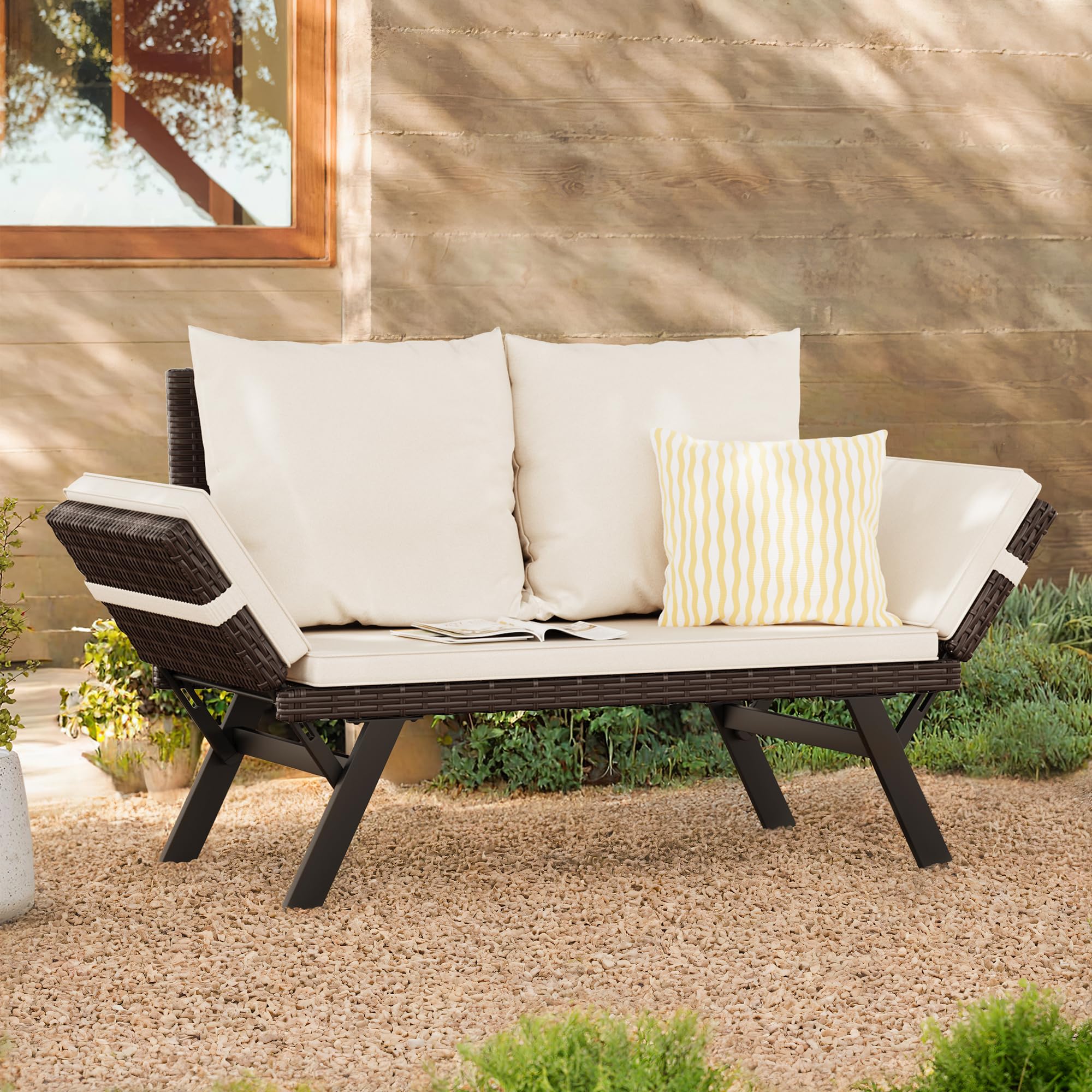 Outdoor Convertible Sofa Bed - Adjustable Rattan Woven Sun Lounger with Removable Cushions & Pillows - Patio, Poolside, Garden Furniture for Relaxation (Brown Frame & Beige Cushions) | Perfect for Backyard, Deck, Beach House or Vacation Rental