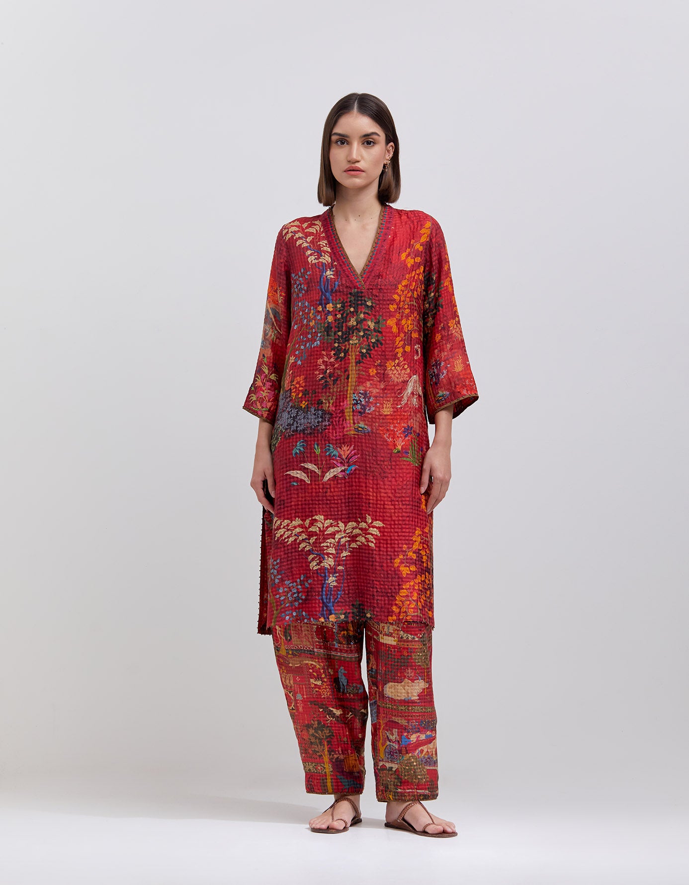 Elegant Damini Kurta in Silk Check Crimson - Traditional Indian Wear for Festivals, Weddings & Special Occasions