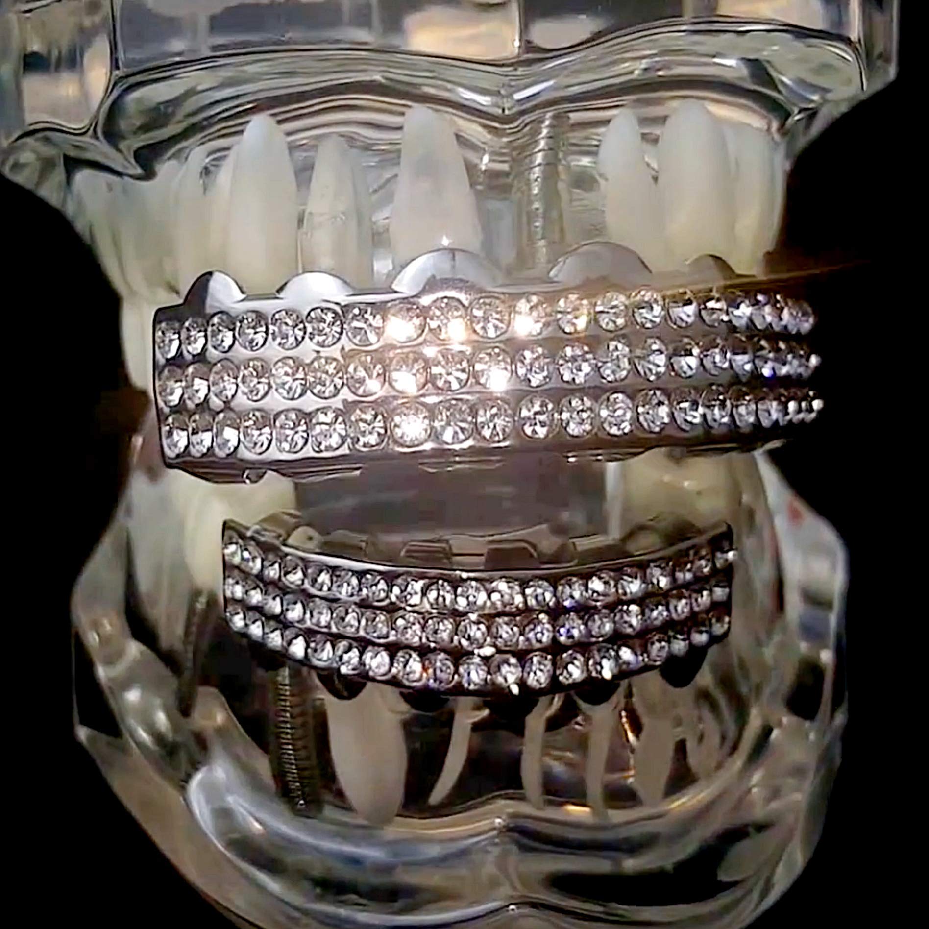 3 Row Silver Tone Iced Grillz Set - Top & Bottom Teeth Grills for Hip Hop Style | Perfect for Rappers, Performers, and Party Wear