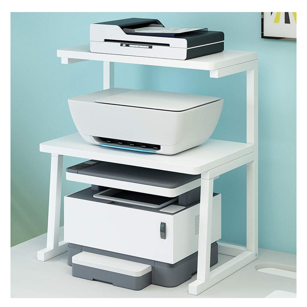 2-Tier Metal Printer Stand for Desktop - Heavy Duty Fixed Frame Side Bracket for Office Fax Machine & Home Printer Storage Shelf (White) - Perfect for Organizing Workspace & Saving Desk Space