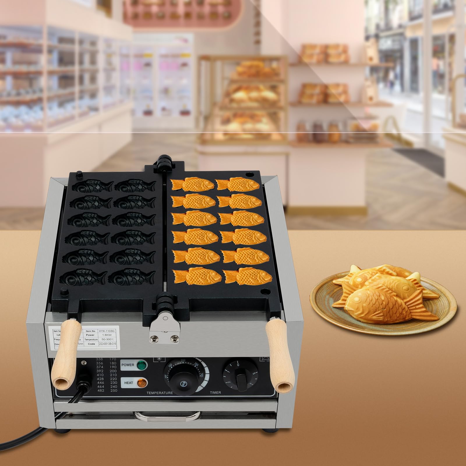 Commercial Mini Fish-Shaped Waffle Maker - 1.8KW Nonstick Pancake Machine with Time & Temperature Control - Perfect for Restaurants, Cafes, and Breakfast Catering