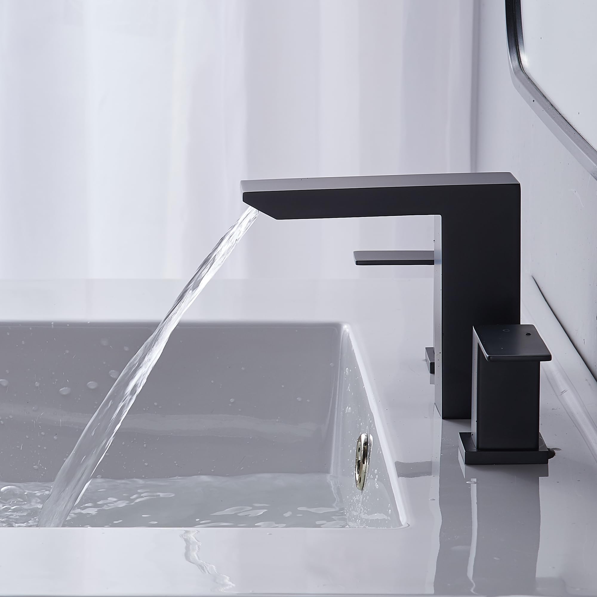 8 Inch Matte Black Widespread Bathroom Faucet - 3 Hole Waterfall Vanity Sink Faucet with Pop-Up Drain & Hoses | Perfect for Bathroom Vanity, RV, and Modern Home Decor
