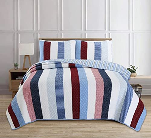 3-Piece Striped Cotton Quilt Set - Full/Queen Size Bedding - 100% Breathable Soft Cotton - Perfect for Bedroom, Guest Room & Dorm Decor - Cozy & Stylish Home Textiles