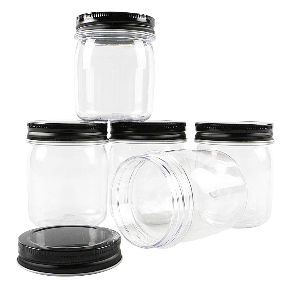 Novelinks 8oz Clear Plastic Jars with Black Lids - 16 Pack BPA-Free Refillable Round Containers for Kitchen Pantry Organization, Bathroom Storage, Craft Supplies & DIY Projects