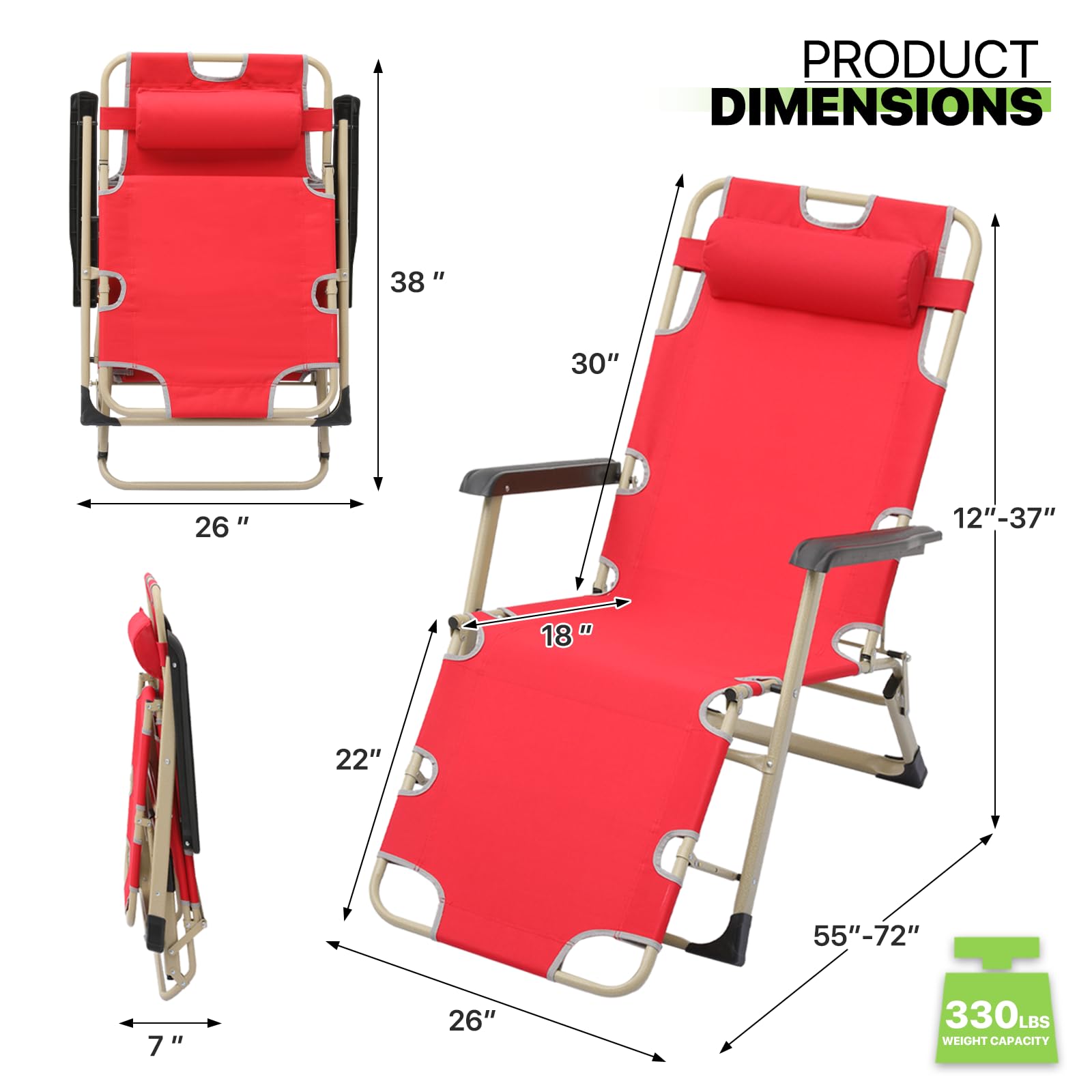 **Magshion 3-Position Folding Reclining Patio Chair – Portable Outdoor Chaise Lounge for Pool, Backyard & Beach – Supports 300 lbs (Red) – Perfect for Sunbathing, Relaxing & Lounging**