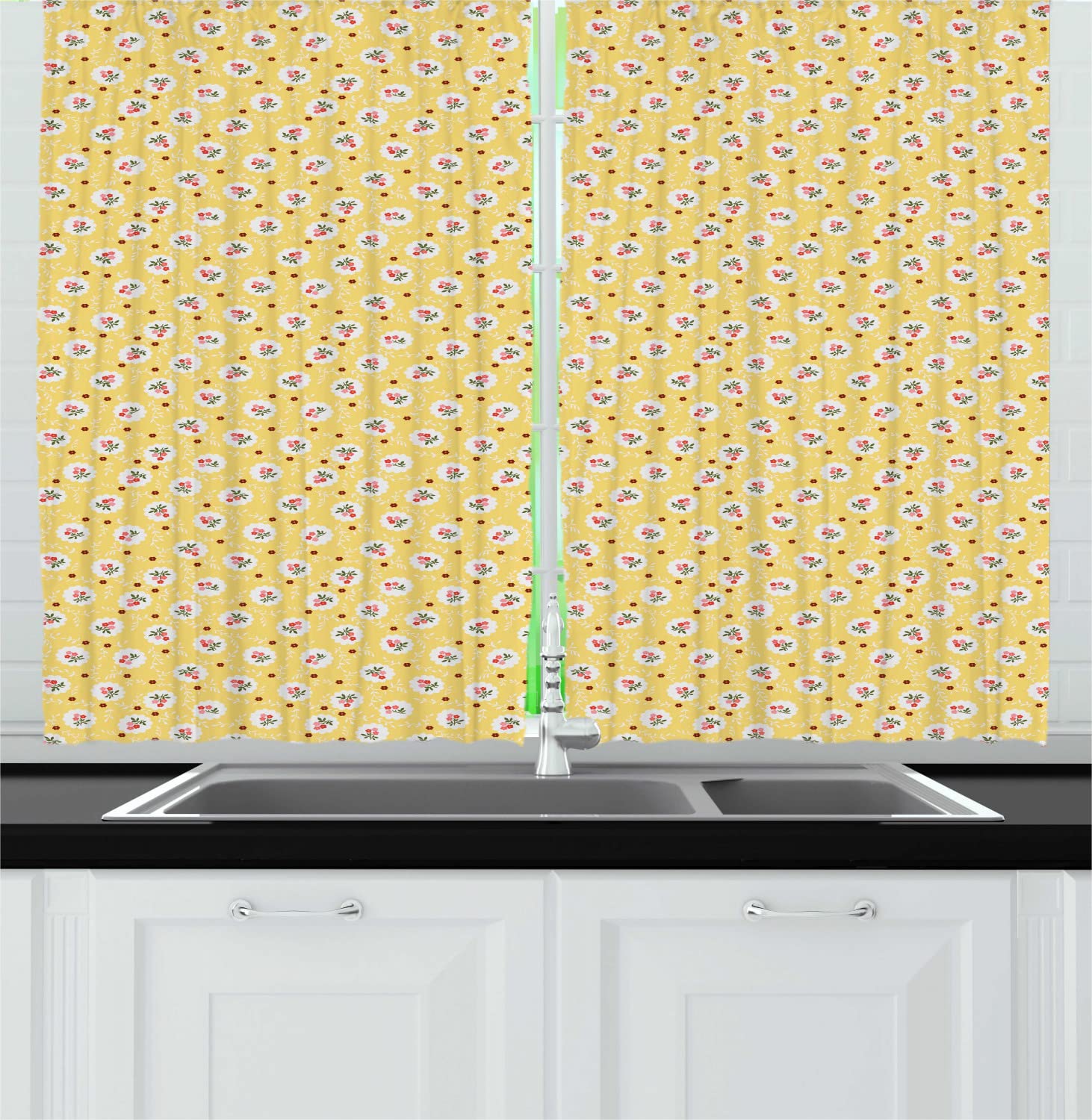 Ambesonne Floral Long Kitchen Curtains - Japanese Folk Pattern with Asian Inspired Flowers, Spring Themed Drapes (Set of 2 Panels, 55