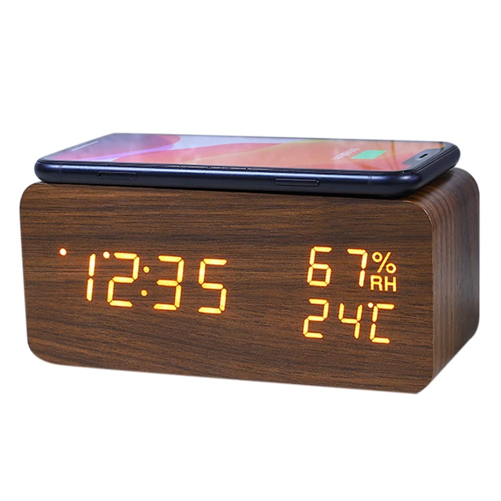 Digital Alarm Clock with Temperature & Humidity Display - Wireless Charger for Smartphones, LED Display, Brown - Perfect for Bedroom, Office, and Travel Use