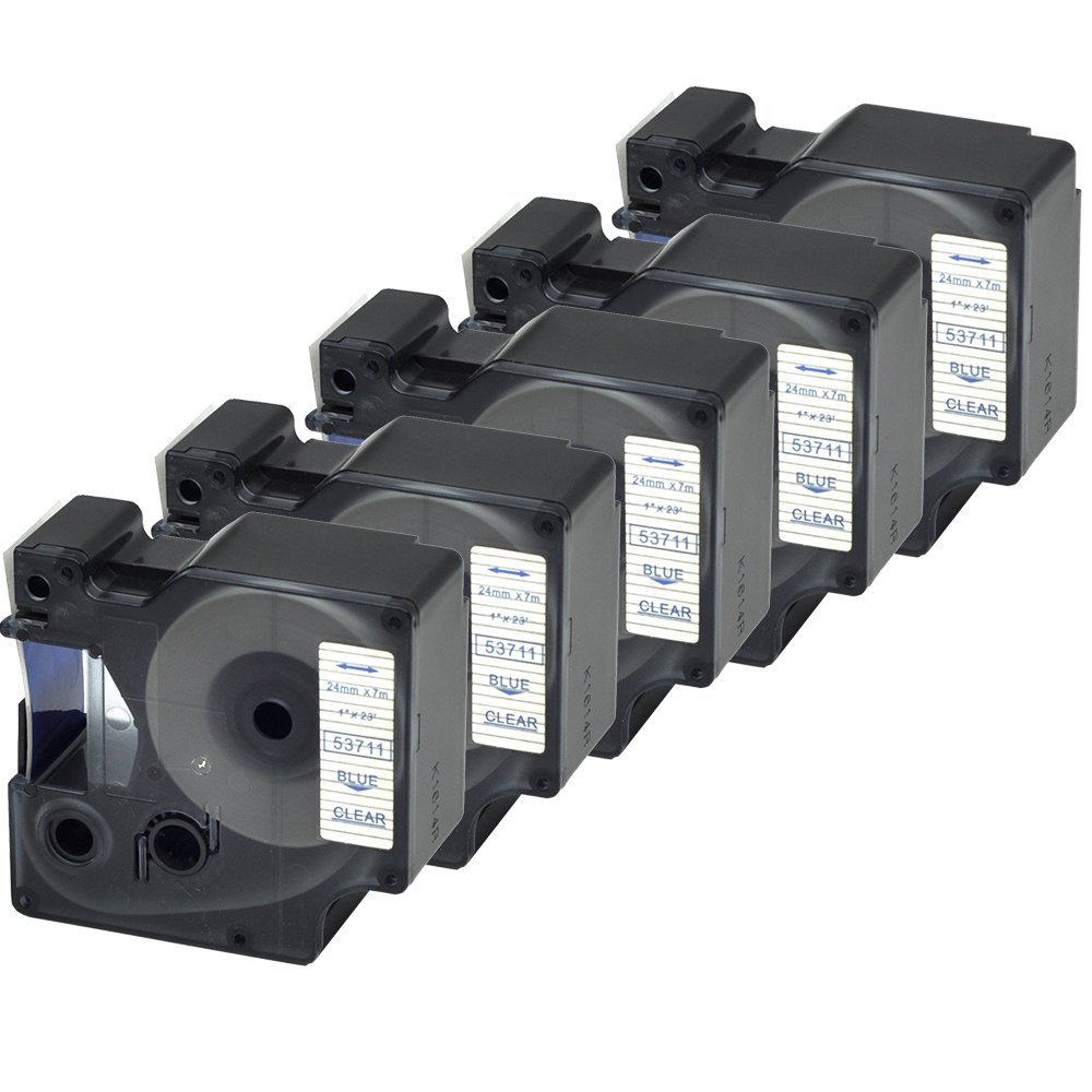 5PK Dymo 53711 Compatible Label Tapes - 1-Inch x 23 Feet Blue on Clear D1 Cartridges for LabelManager 360D, 450D, 500TS - Perfect for Office Organization, Shipping Labels & Inventory Management