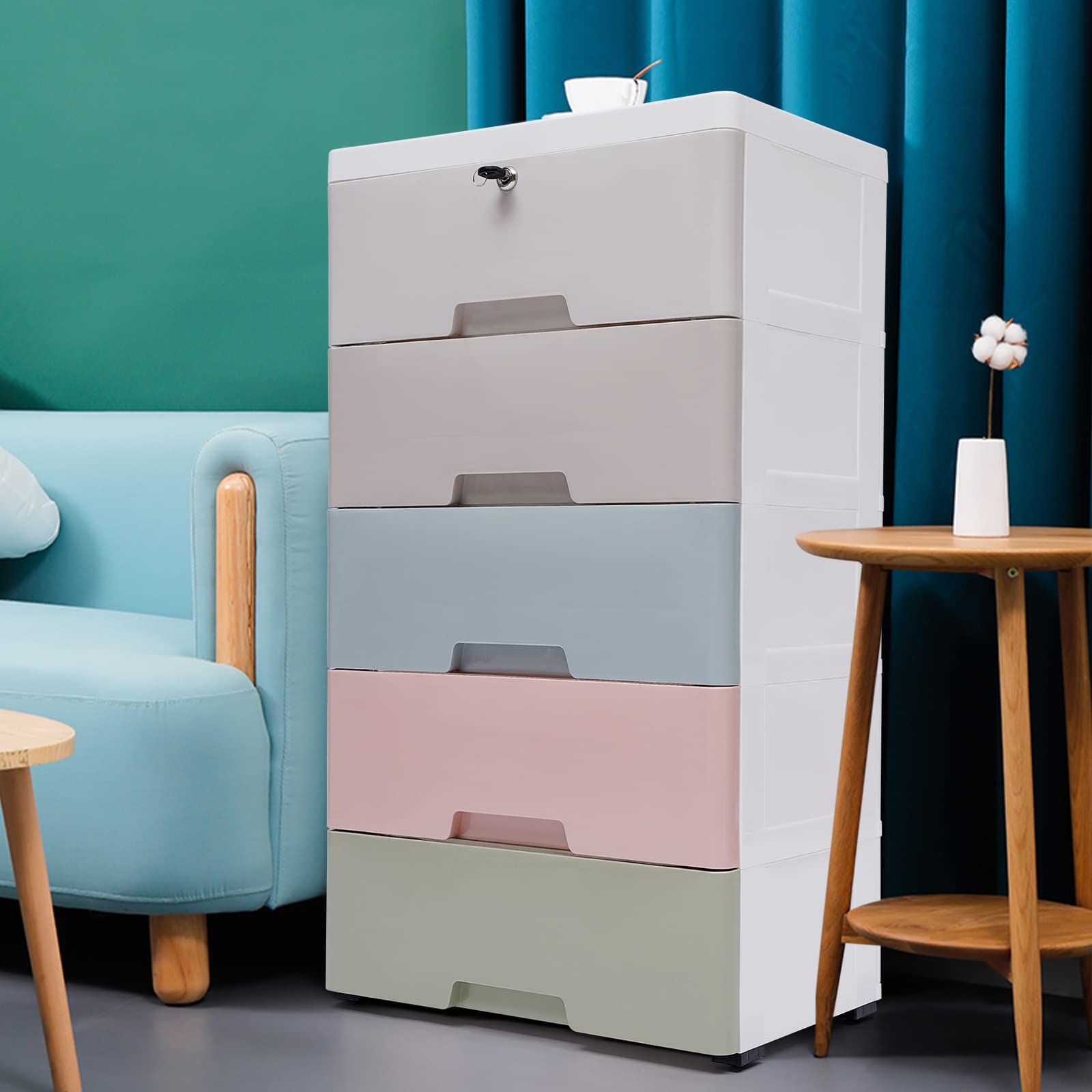 5-Drawer Plastic Storage Cabinet with Wheels - Modern Dresser Organizer for Bedroom, Living Room, Office & Beauty Salon - Space-Saving Multi-Purpose Storage Solution for Clothes, Toys, Cosmetics & Home Organization