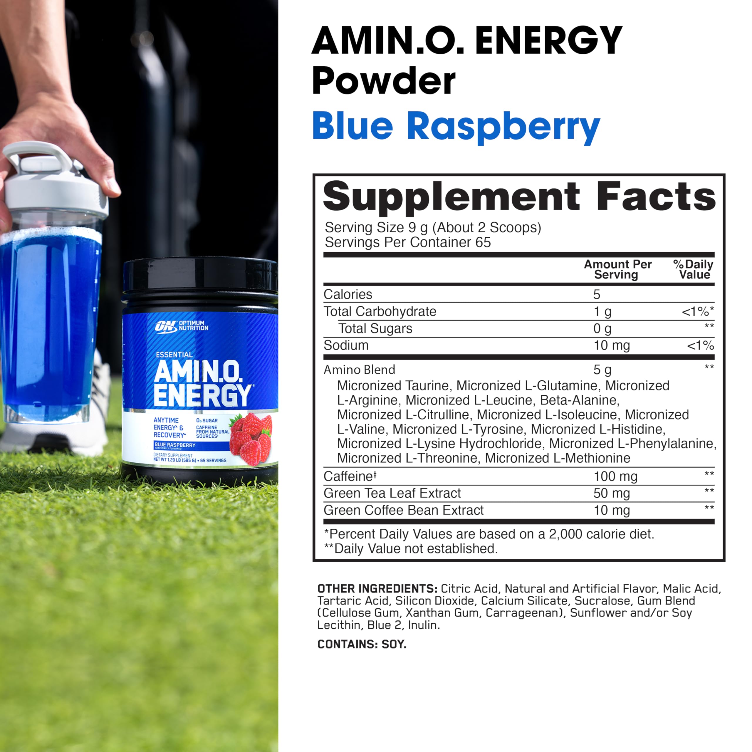Optimum Nutrition Amino Energy Pre Workout Powder - Keto Friendly with Green Tea, BCAA, Amino Acids & Green Coffee Extract - Blue Raspberry Flavor (65 Servings) | Boost Energy & Focus for Gym, Running & Fitness Training
