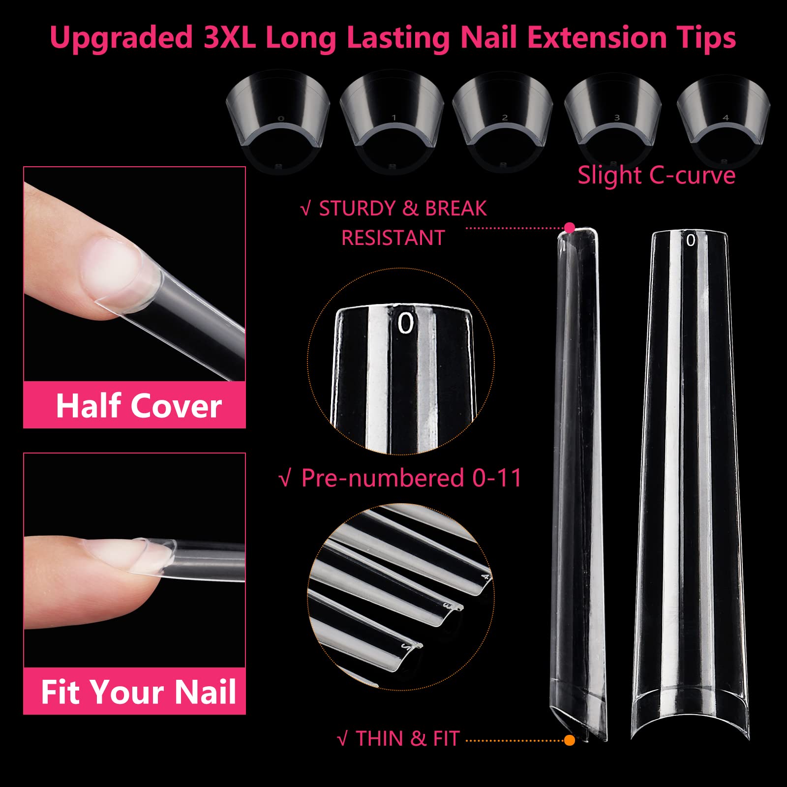 240Pcs Clear Coffin Nail Tips - Extra Long Fake Nails for Acrylic Extensions | Professional Half Cover Nail Tips for Salon & DIY Manicure | 12 Sizes for Women & Nail Art Enthusiasts | Perfect for Parties, Weddings & Special Occasions
