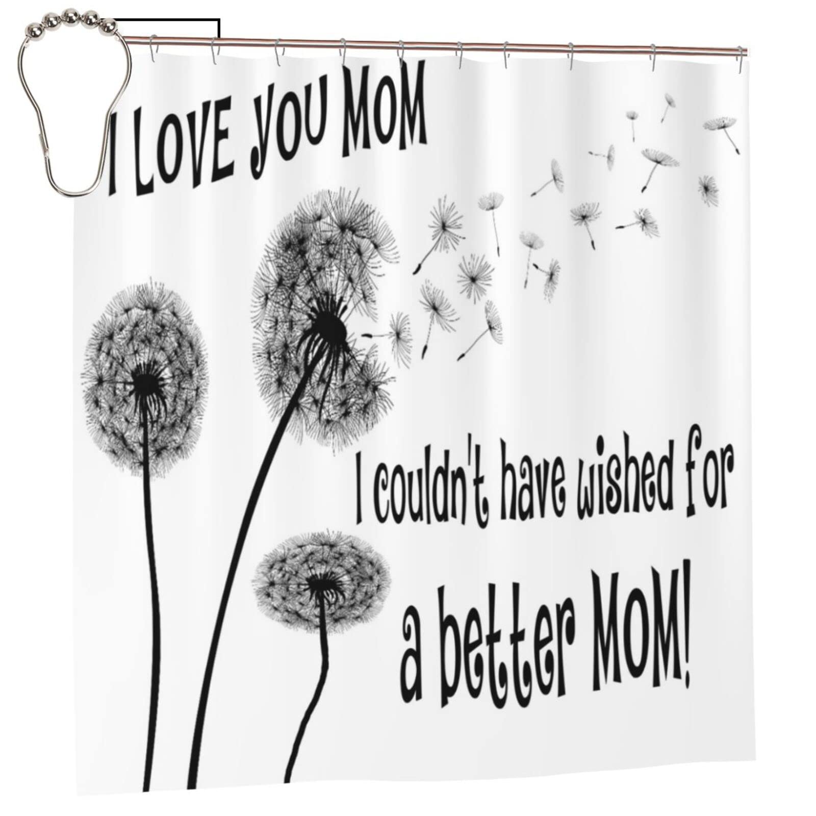 Mom Shower Curtain - I Love You Mom Floral Design with Dandelions, Waterproof Polyester Fabric Bathroom Curtain Set with Hooks 66x72 Inches - Perfect for Mother's Day Gifts, Bathroom Decor & Spa Relaxation