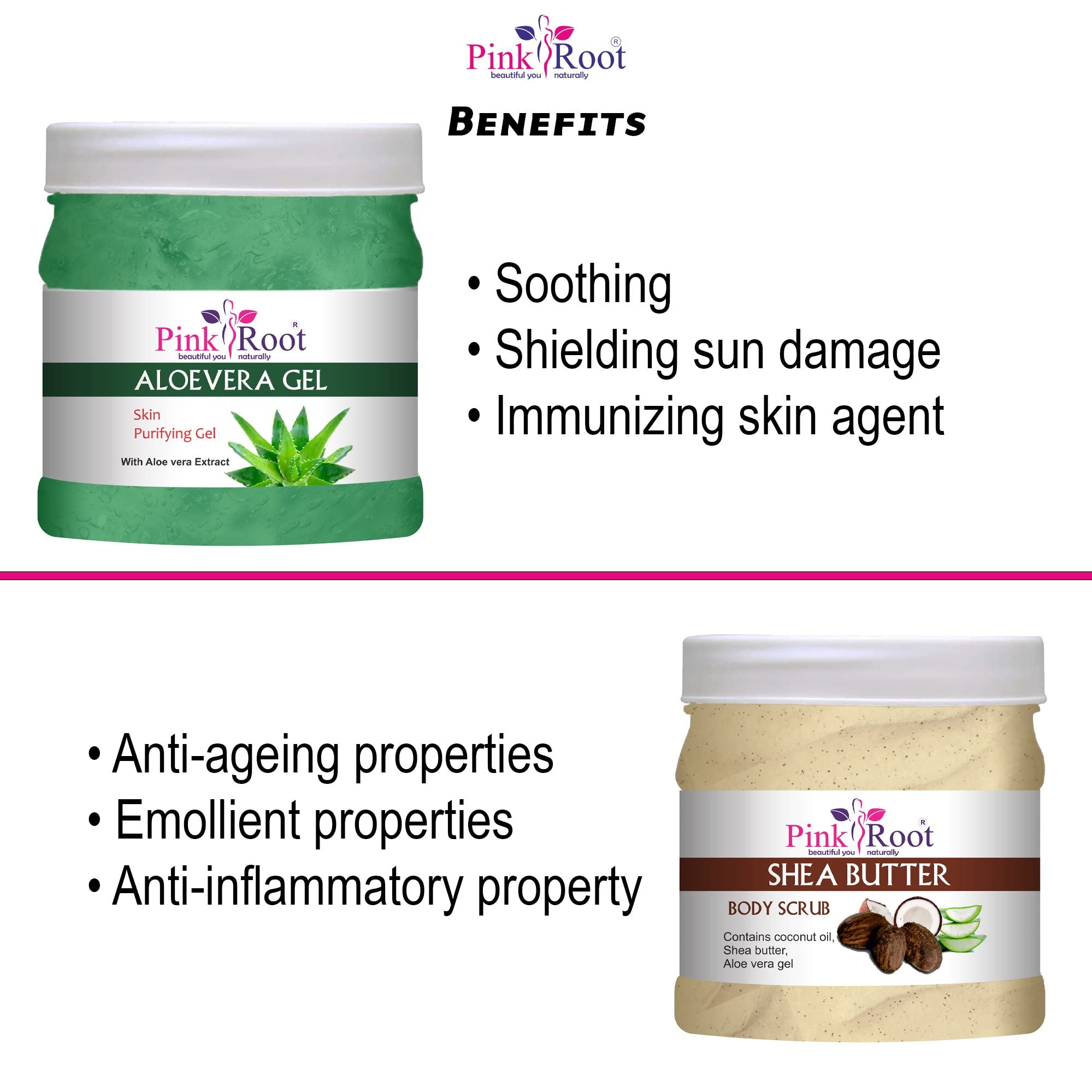 Organic Pink Aloe Vera Gel 500ml with Shea Butter Scrub - Hydrating Skin Care Set for Face & Body - Perfect for Sunburn Relief, Moisturizing, and Exfoliation
