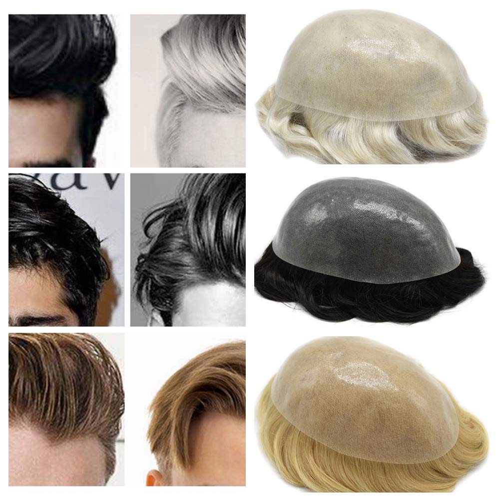 Men's Invisible Toupee - Full Poly Hairpiece with Transparent Skin Base | Human Hair Replacement System for Men | Black, Brown, Blonde & Gray Colors | 7x9