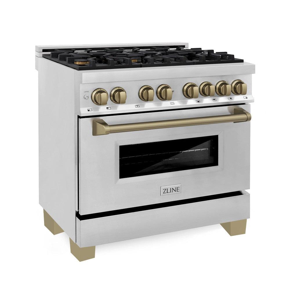 ZLINE Autograph Edition 36-inch Stainless Steel Dual Fuel Range & Range Hood Kitchen Package with Champagne Bronze Accents (2AKP RARH36 CB) - Perfect for Gourmet Cooking & Modern Kitchen Design