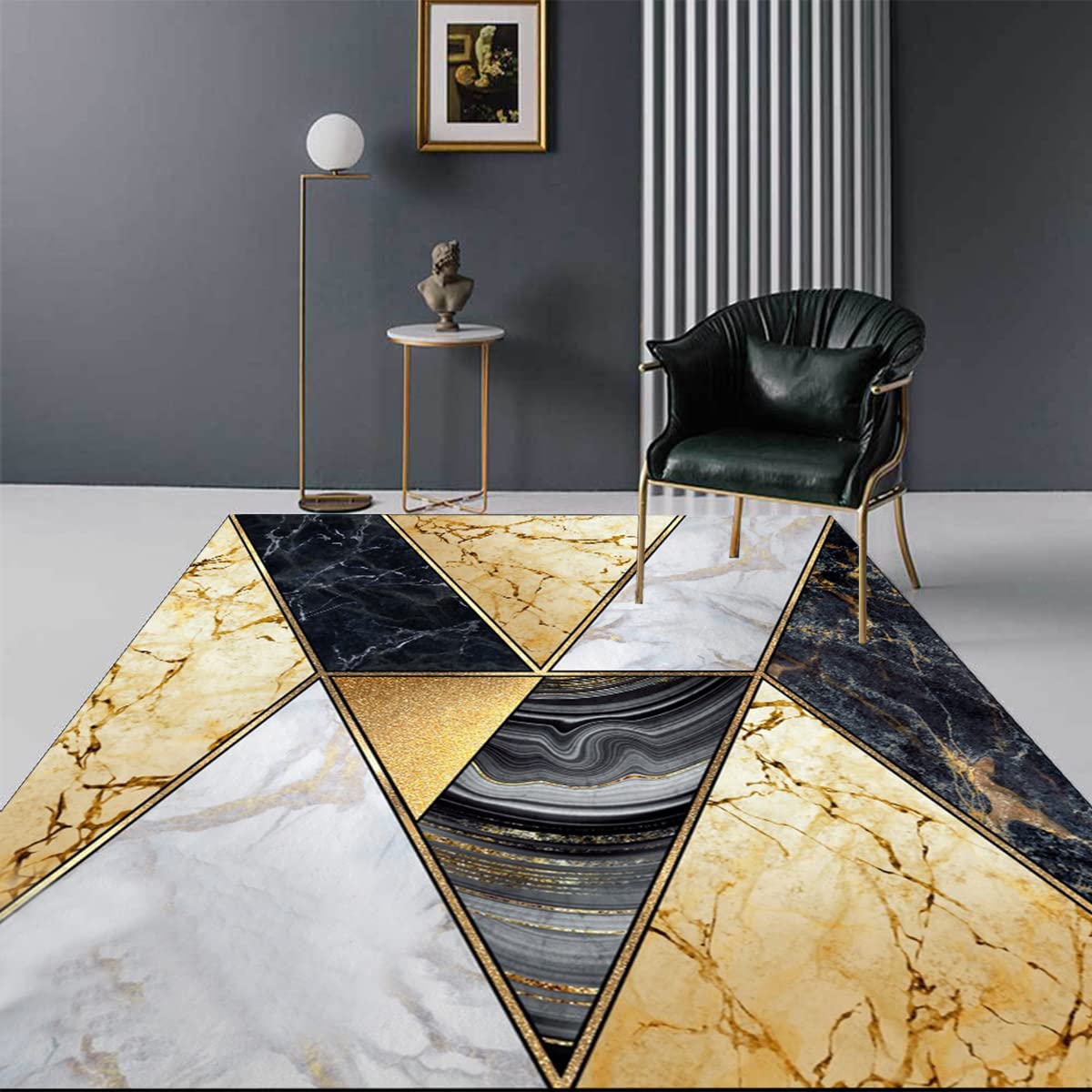 Black Gold Marble Geometric Pattern Modern Area Rug 6x8 ft - Abstract Contemporary Washable Soft Carpet for Living Room, Dining Room, Bedroom & Home Office - Aesthetic Retro Floor Covering Mat for Stylish Interior Decor