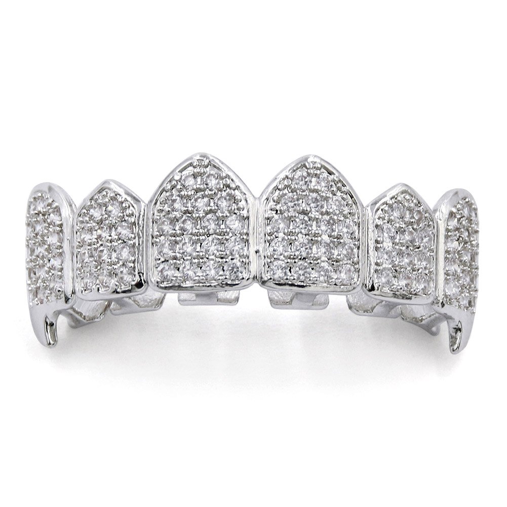 18K Gold Plated Iced Out CZ Grillz Set - Top & Bottom Fang Teeth Grills for Men & Women | Hip Hop Jewelry, Bling Accessories for Rappers & Party Wear
