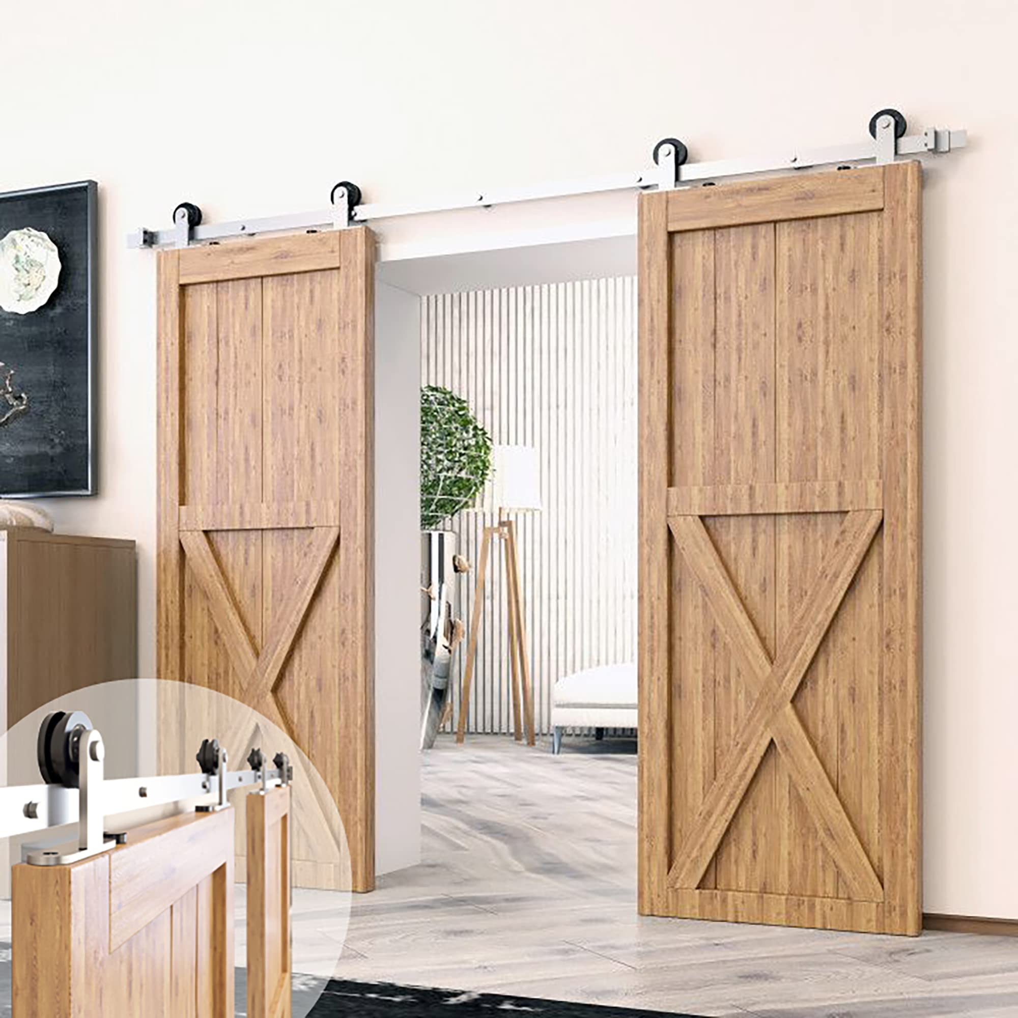 Homacer Brushed Nickel Sliding Barn Door Hardware Kit - Heavy Duty 12ft Flat Track with T-Shape Rollers for Double Doors | Interior & Exterior Use | Perfect for Farmhouse, Loft, and Modern Home Decor
