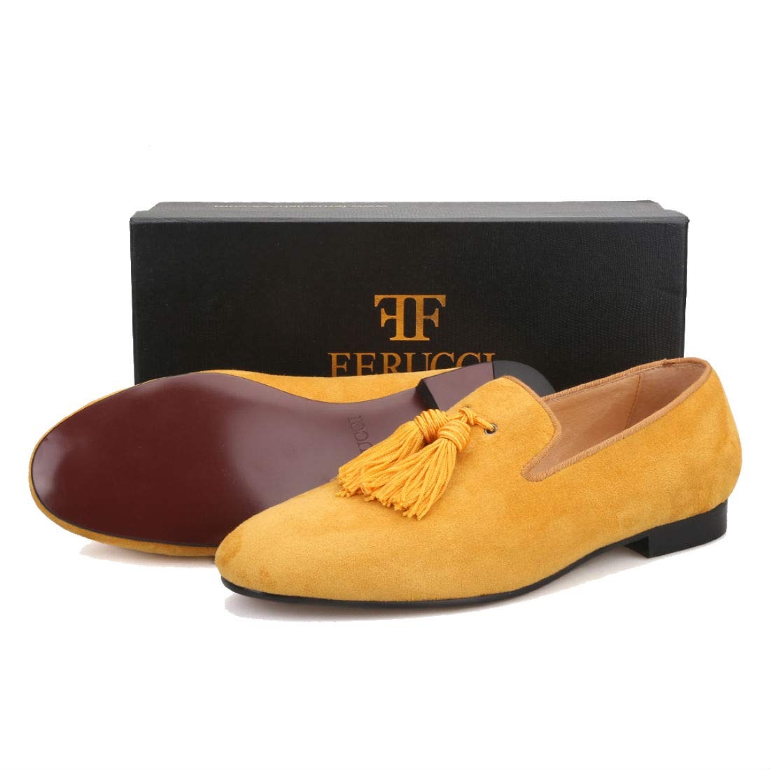FERUCCI Men's Yellow Gold Suede Loafers with Tassel - Comfortable Slip-On Slippers for Indoor & Outdoor Wear - Perfect for Home, Office, and Casual Outings