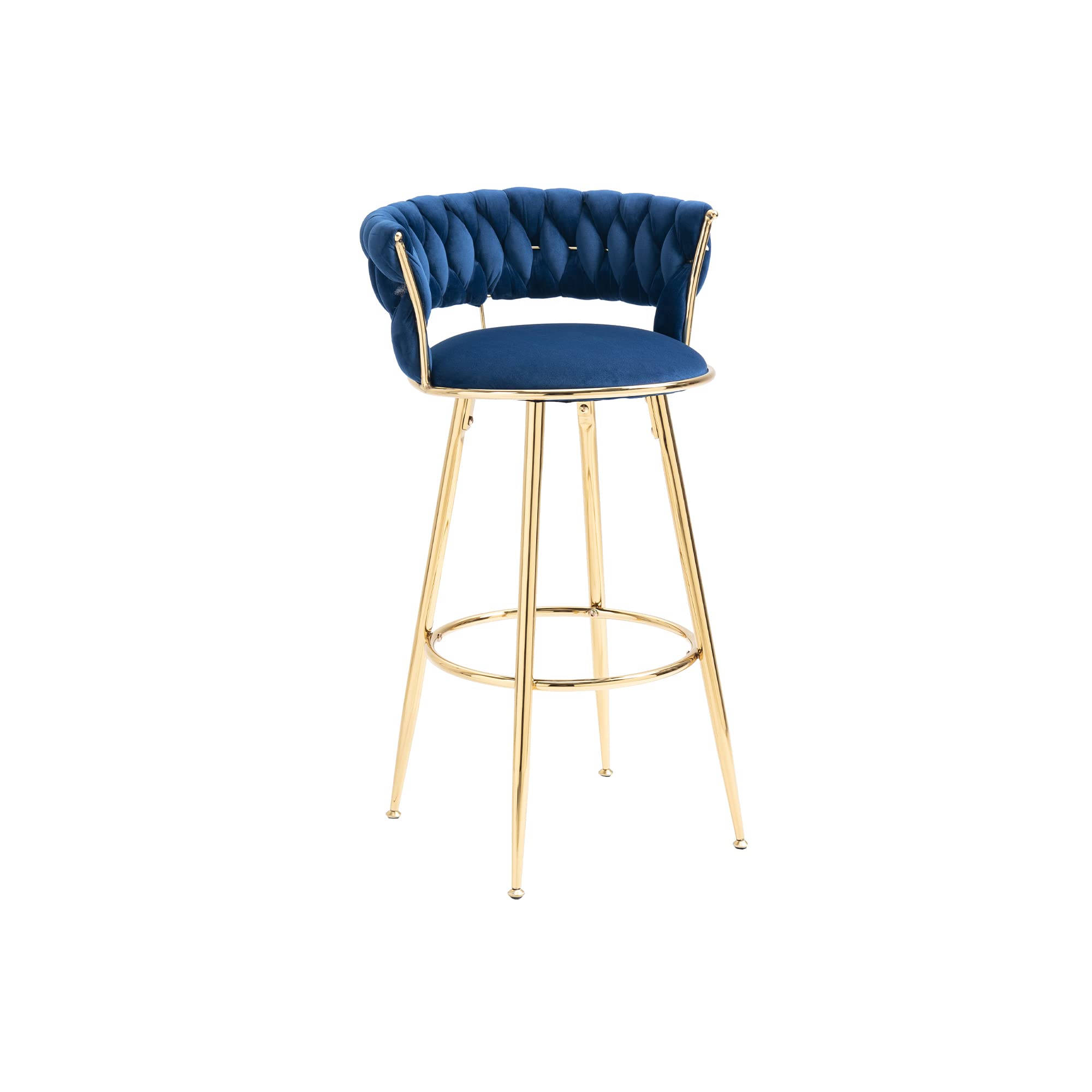 Luxury Velvet Bar Stools with Sponge Filled Braided Back & Footrest - Modern Bar Height Stools with Golden Metal Legs for Kitchen Island, Breakfast Nook & Home Bar Decor