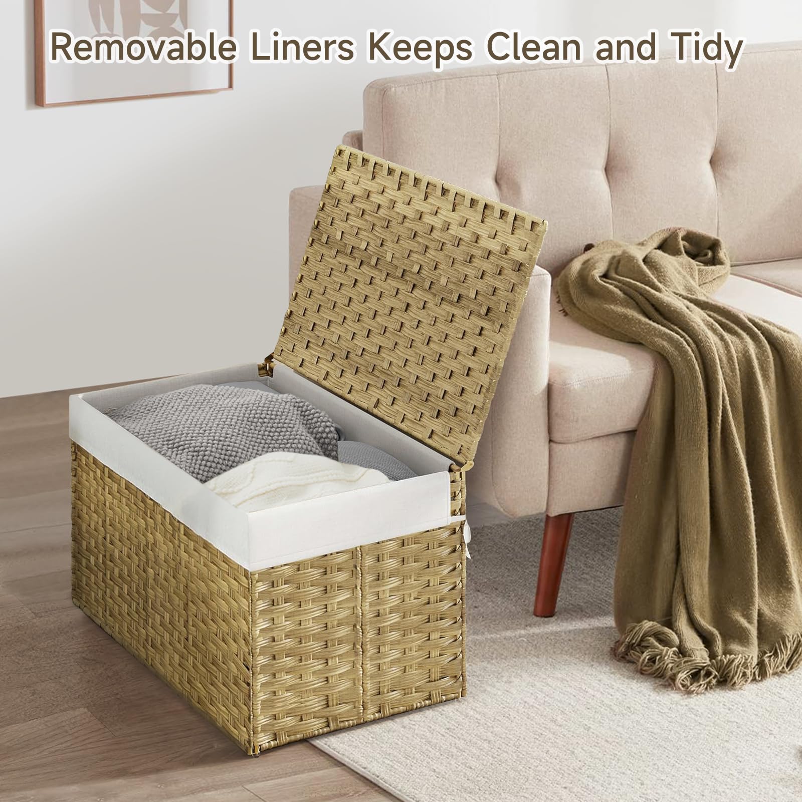 180L Wicker Storage Basket with Lid - Handwoven Rattan Laundry Hamper & Blanket Organizer (47.6 Gallon) - Removable Liner & Sturdy Handle - Perfect for Bedroom, Living Room & Nursery Storage - Goose Yellow