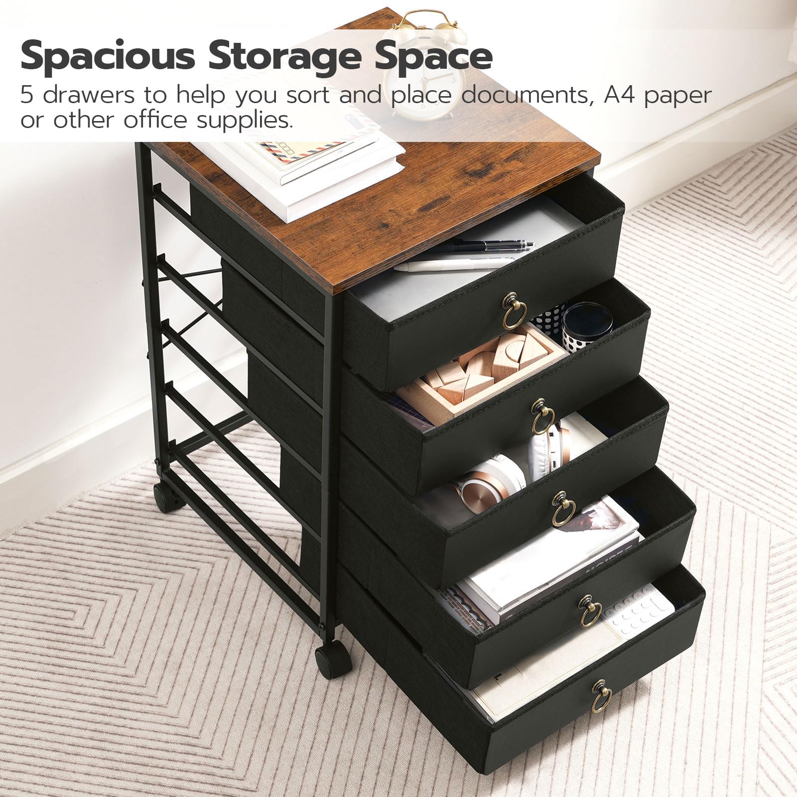 HOOBRO 5-Drawer Storage Cabinet - Black File Organizer with Wheels, Office Filing Cabinet & Rolling Printer Stand for Home Office, Living Room - Easy Assembly Nonwoven Drawers (Model BFK50WJ01) | Perfect for Document Storage & Printer Organization
