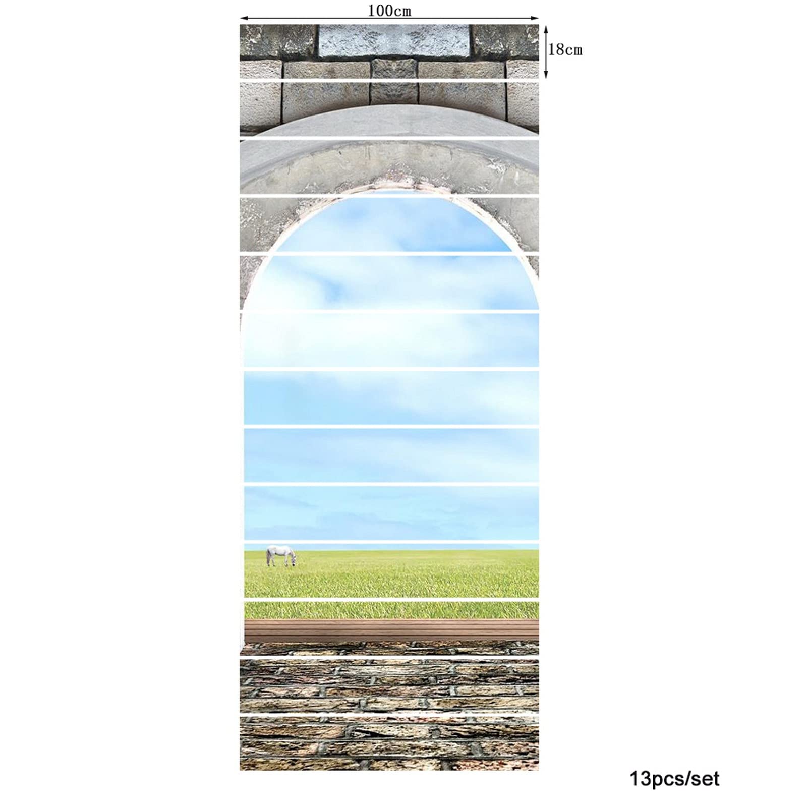 3D Self-Adhesive Removable Stair Stickers - Arch Door Stone Wall Design with Horse on Green Field - Vinyl Stair Riser Decals for Kitchen, Bathroom & Living Room - 13-Piece Wall Mural Sticker Set for Home Decor