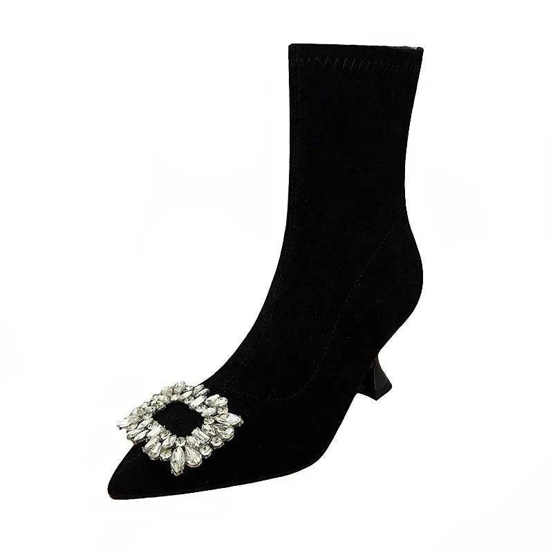 Stylish Women's Ankle Boots - Pointed Toe High Heel Rhinestone Flock Boots for Spring & Autumn | Fashionable Dress Shoes for Work, Party & Evening Out