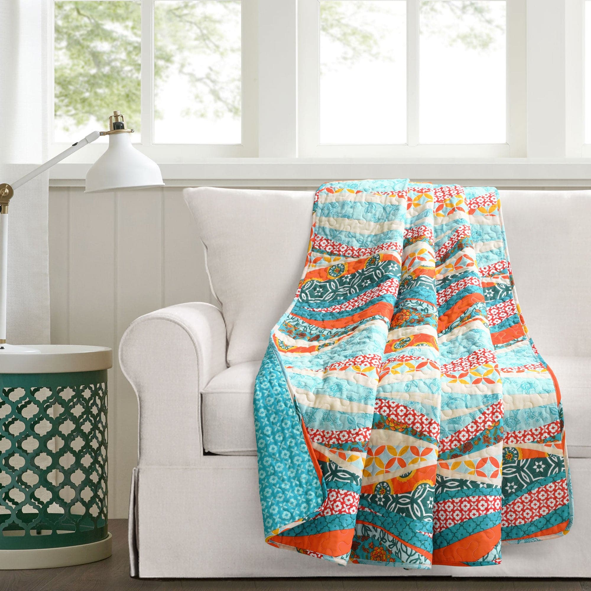 Hailey Watercolor Wave Reversible Cotton Throw Blanket - Soft Lightweight Bedspread for Sofa, Bed & Outdoor Picnics - Blue Ocean Design Home Decor