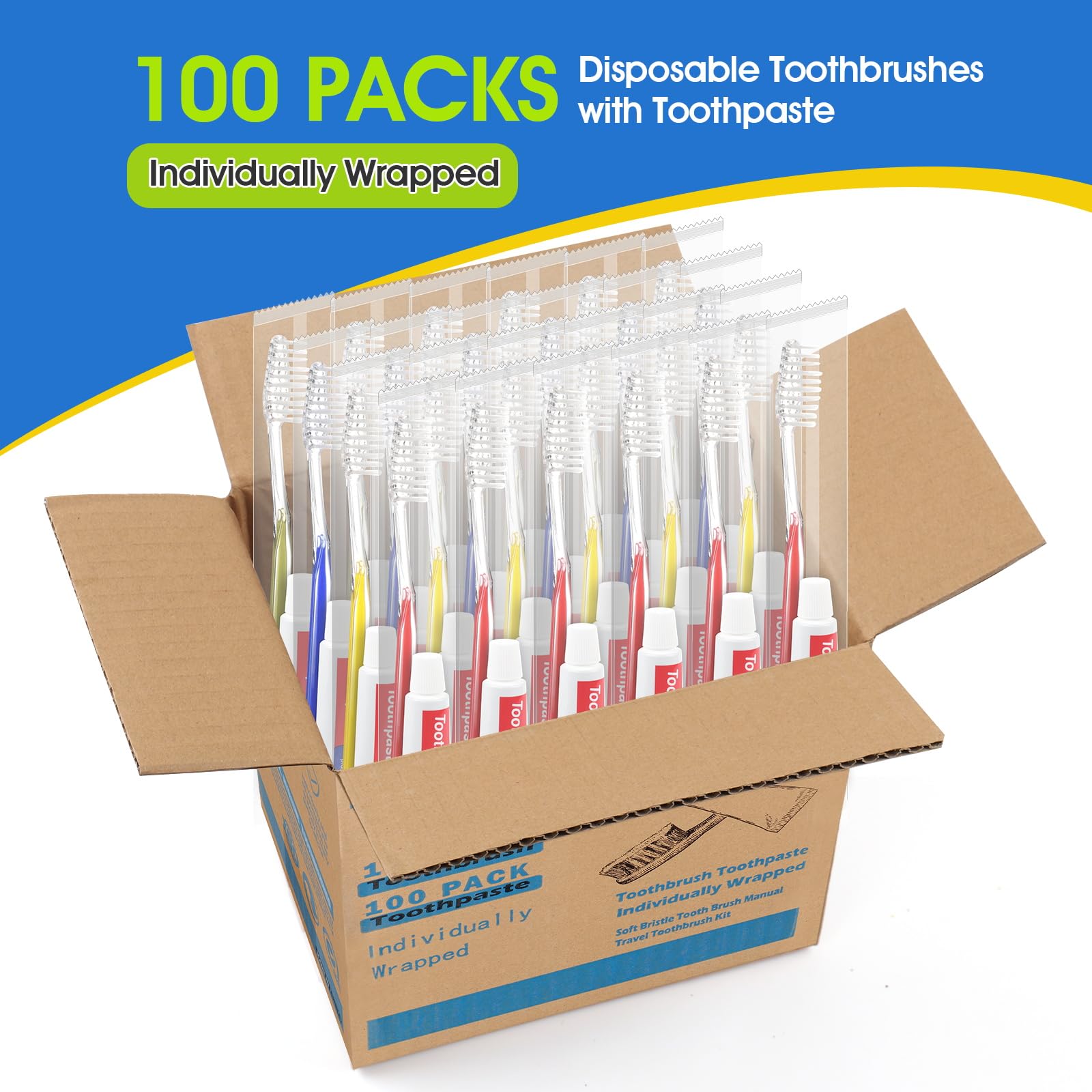 Homvle 100 Pack Disposable Toothbrushes with Toothpaste - Individually Wrapped Travel Toothbrush Set for Camping, Hotels, Airplane, Office & Dental Visits | Compact Travel Size Toiletries (4 Colors)