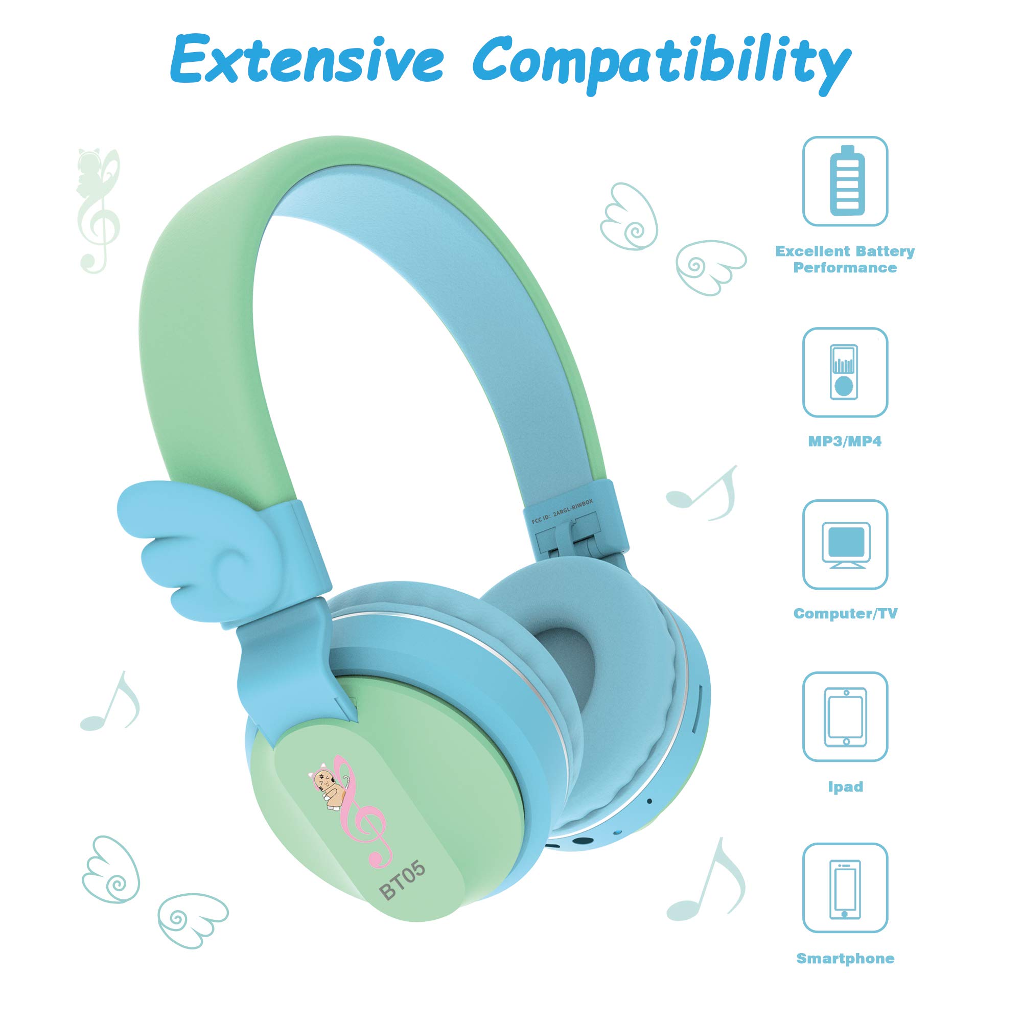 Riwbox BT05 Wireless Bluetooth Kids Headphones - Foldable Over-Ear Headset with Volume Limiter, Built-in Mic & TF Card Slot - Compatible with iPad, iPhone, Tablet (Green & Blue) - Perfect for Online Learning, Travel & Home Entertainment