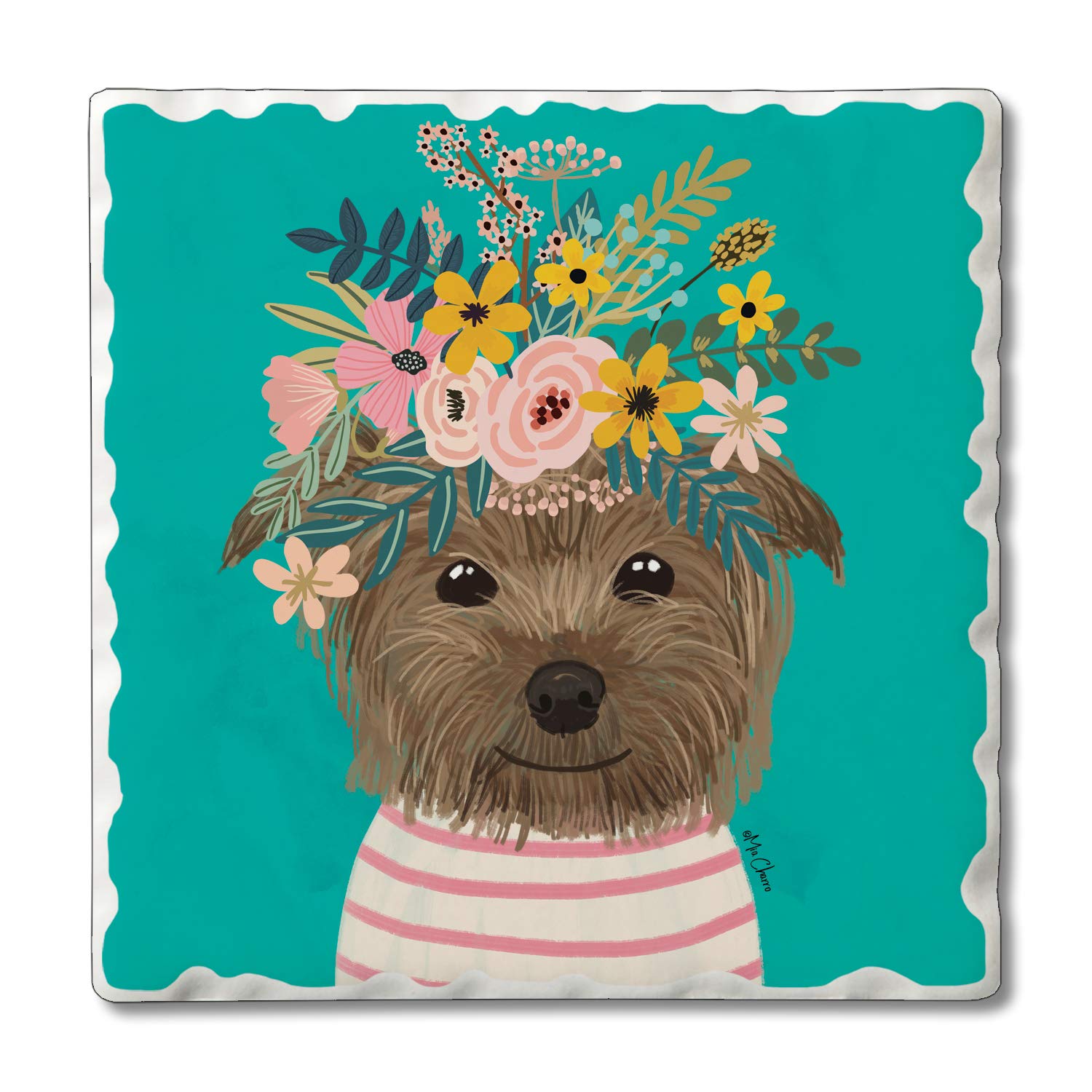 First Dawn Absorbent Stone Tumbled Tile Coasters - Floral Pet Yorkie Design, Set of 4 | Perfect for Home Decor, Coffee Table Protection & Gift Giving
