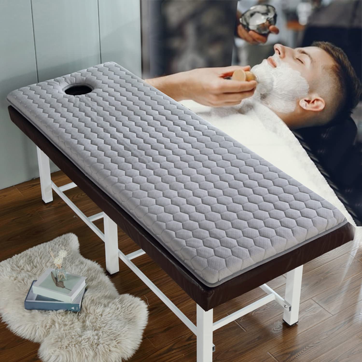 Premium Memory Foam Massage Bed Topper - 60x180cm Thickened Spa Table Mattress Pad with Elastic Bands & Breathable Face Hole - Gray Salon Bed Cushion for Tattoo, Beauty & Massage Therapy - Perfect for Professional Salons, Spas and Home Relaxation