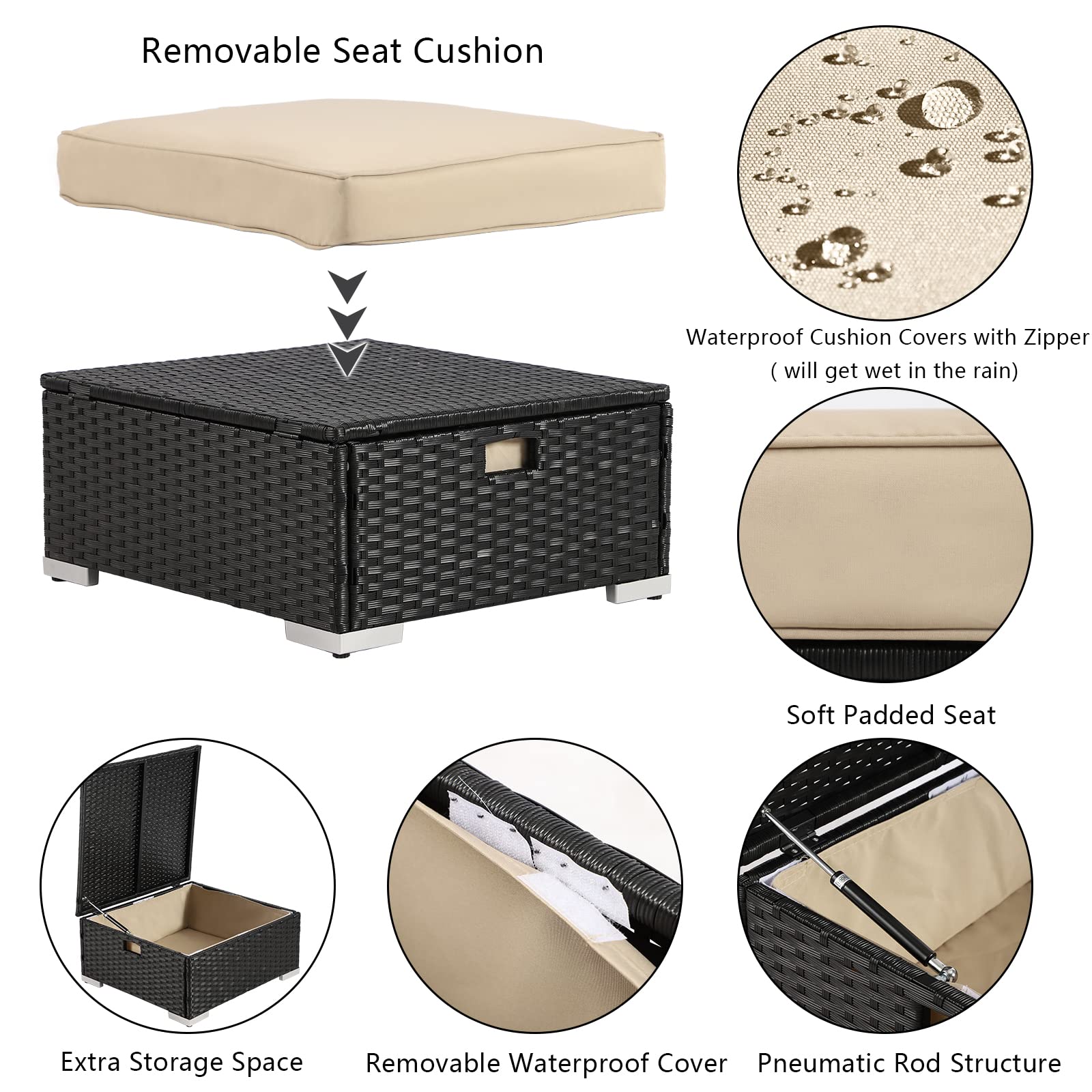 LEISU Outdoor Patio Furniture Sunbed with Retractable Canopy - PE Wicker Rattan Rectangle Sectional Sofa Set with Washable Cushions - Perfect for Lawn, Garden, Poolside & Backyard Relaxation (Khaki)
