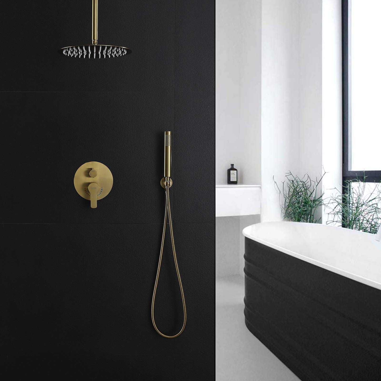 TIPOK 12 Inch Gold Rain Shower System - Ceiling Mount Brushed Gold Shower Faucet with Handheld Sprayer & Valve | Luxury Bathroom Upgrade for Spa-Like Experience