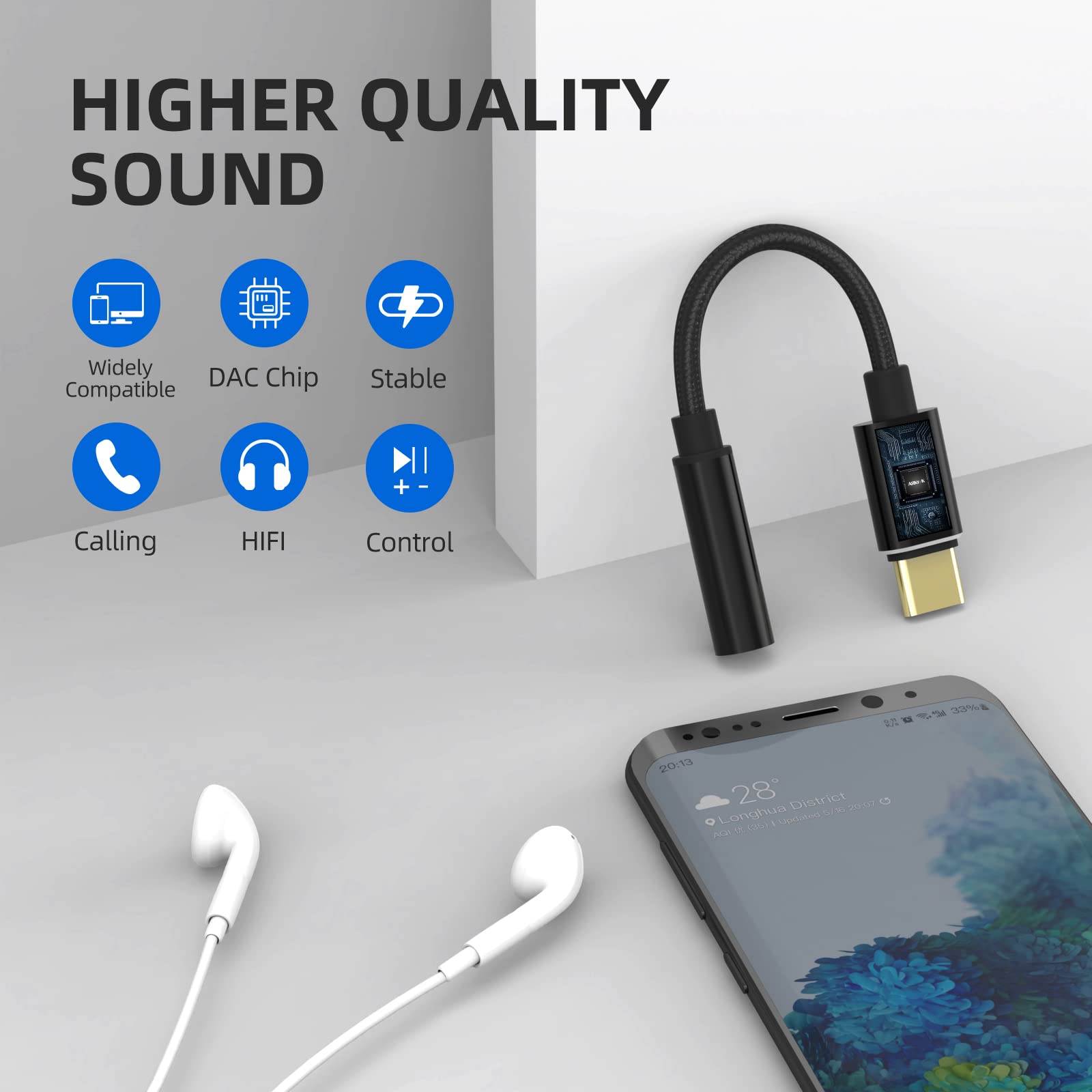 ARKTEK USB-C to 3.5mm Headphone Jack Adapter with DAC Chip - High Resolution Audio Dongle for iPhone 16/15/14, iPad Pro, Samsung Galaxy S25/S24, Google Pixel 9/8/7 - Perfect for Music, Gaming & Video Calls