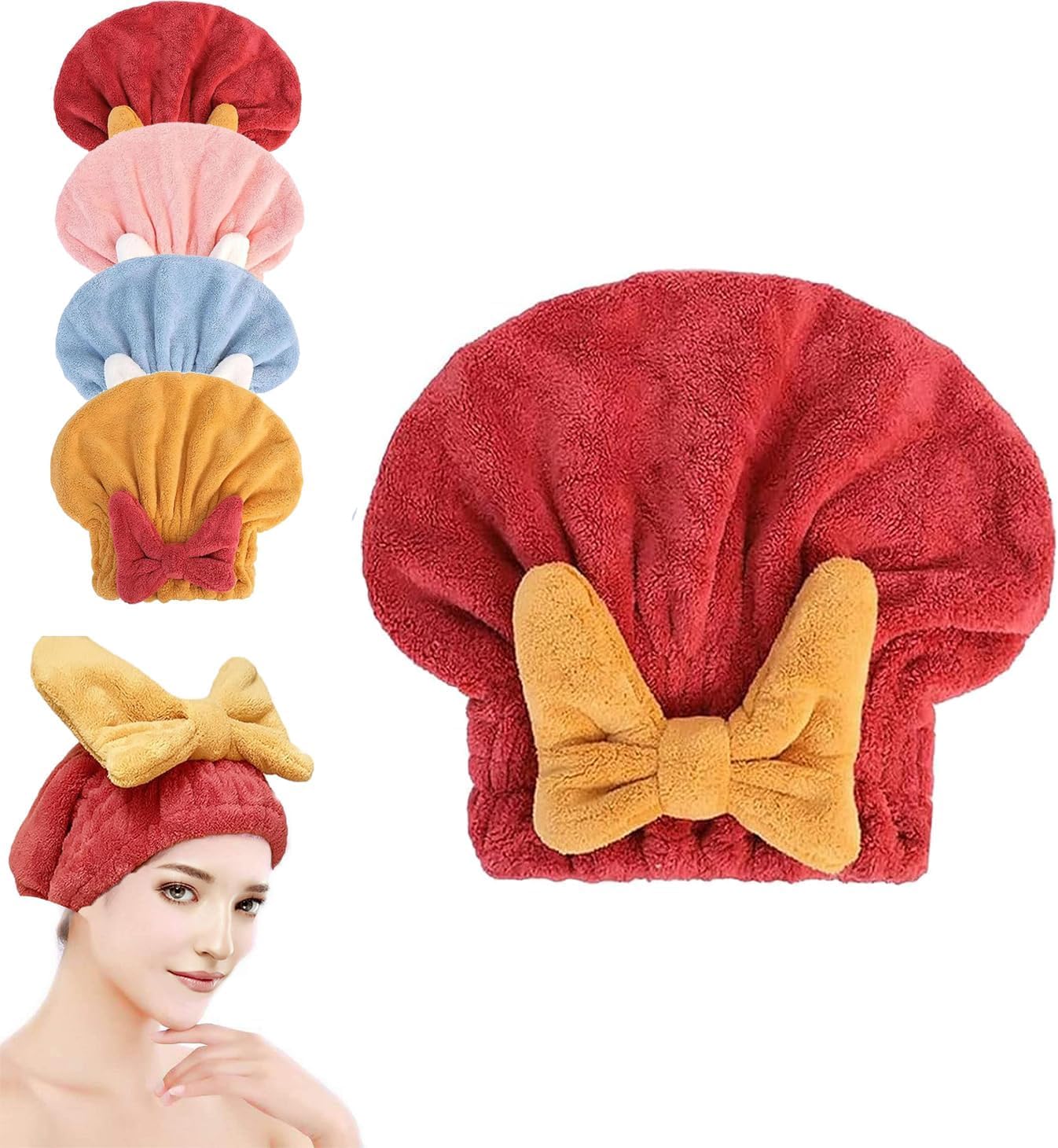 GOTTIDO Microfiber Hair Drying Cap - Super Absorbent Quick Dry Hair Towel with Bow Knot for Women & Girls | Soft Shower Cap for Post-Wash, Salon & Home Use (Red)