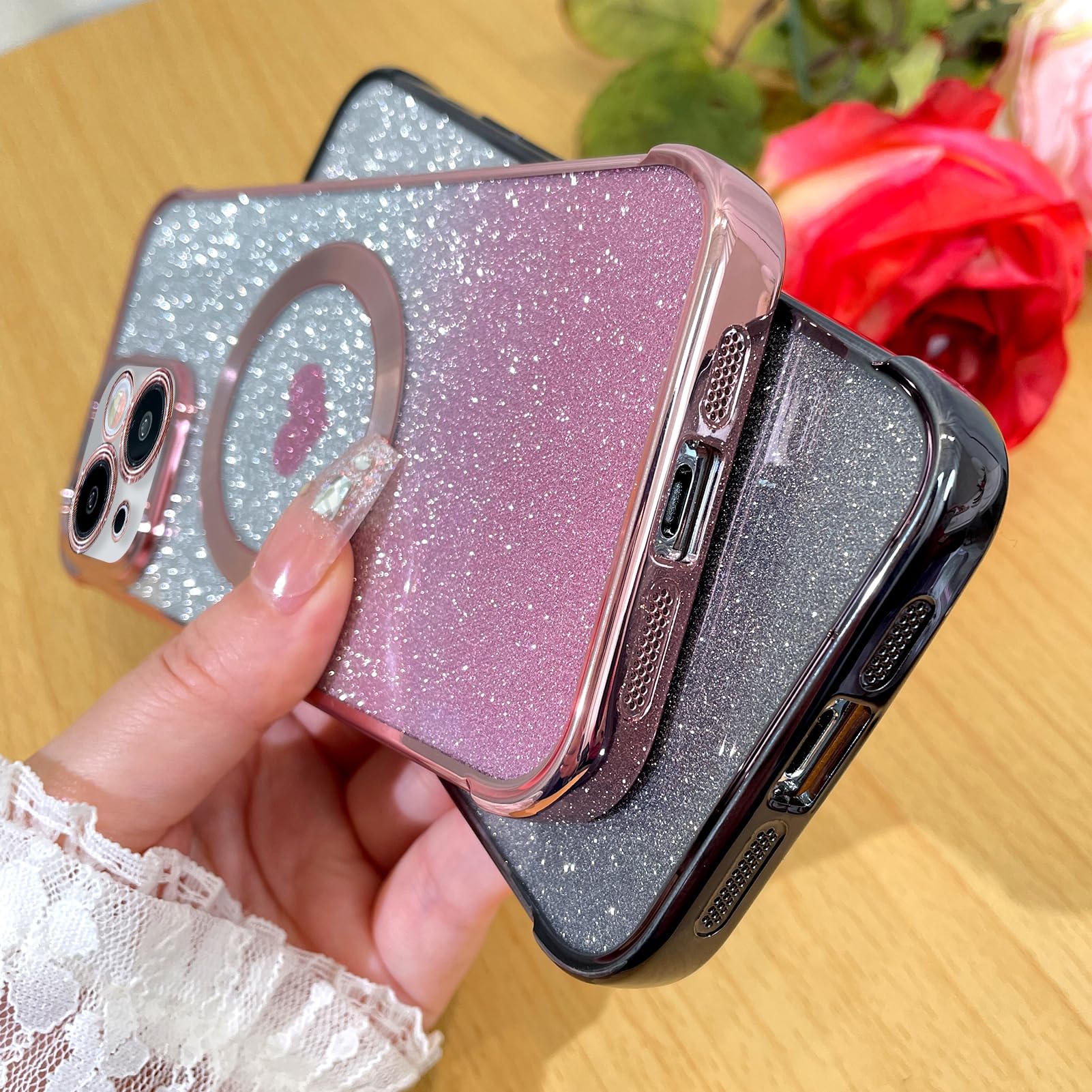 Bonoma Magnetic Glitter iPhone 15 Case [MagSafe Compatible] - Luxury Heart Pattern Bling Clear Cover with Camera Protection | Sparkly Slim Soft Back Case for Women & Girls (Pink) | Perfect for Everyday Use, Parties & Gift Giving