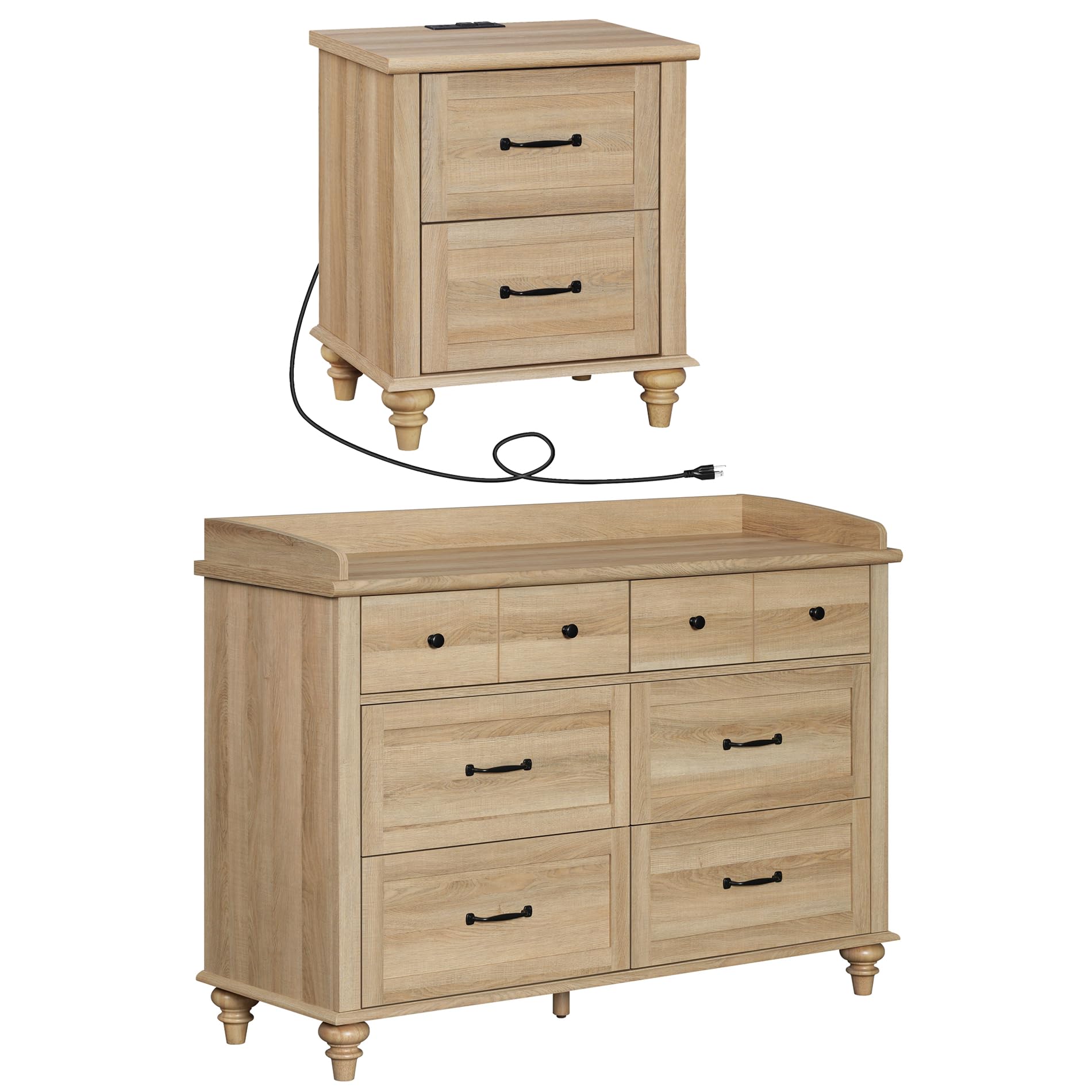 WAMPAT 2-Piece Wooden Dresser and Nightstand Set - 6-Drawer Oak Bedroom Furniture with Metal Handles & Charging Station | Farmhouse Style Dresser & Nightstand for Bedroom Storage & Organization