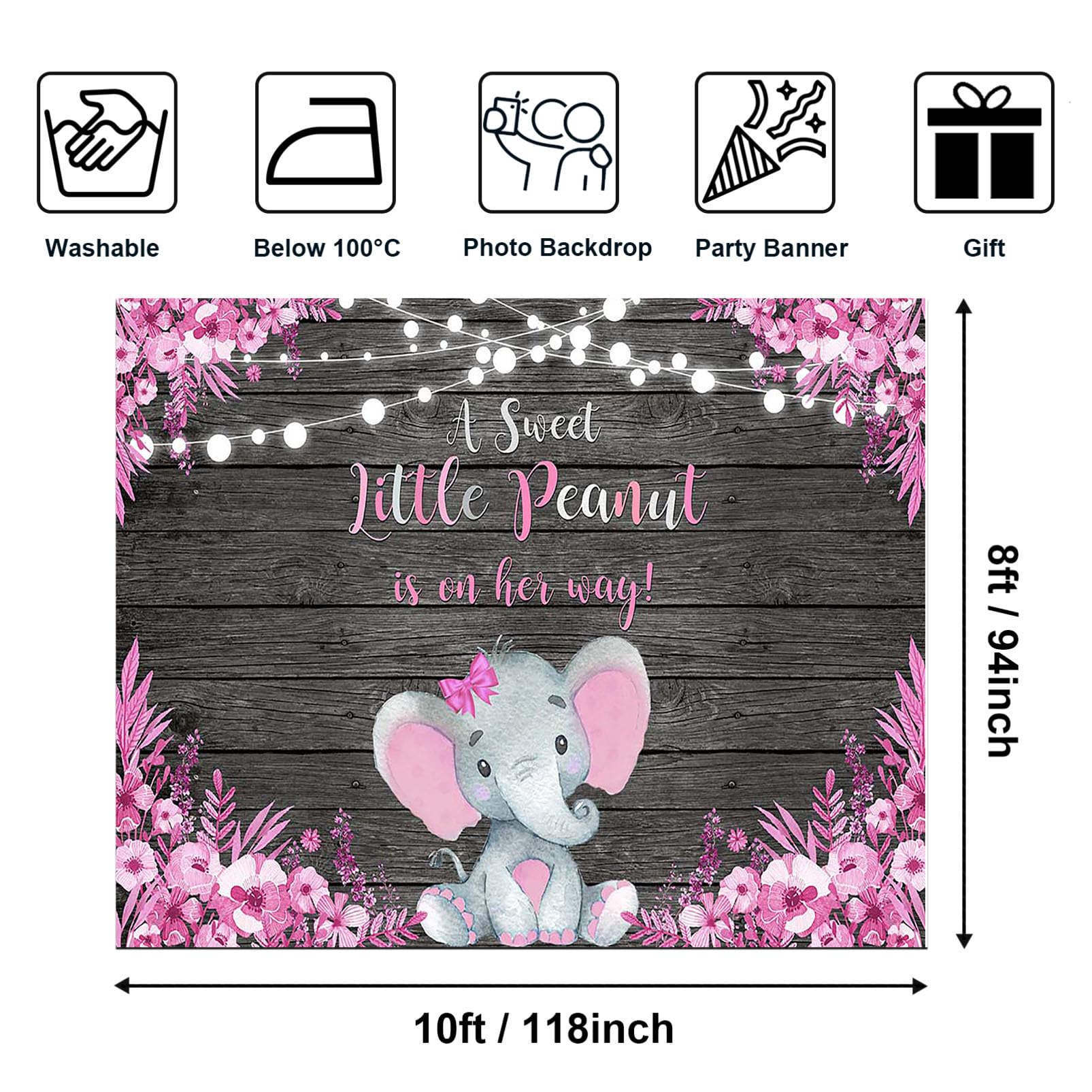 Pink Elephant Baby Shower Backdrop - Rustic Floral Girls Elephant Theme Photoshoot Decor (10x8ft) | Perfect for Baby Shower Parties, Gender Reveals & Nursery Wall Decor | Sweet 'A Little Peanut is Coming' Design