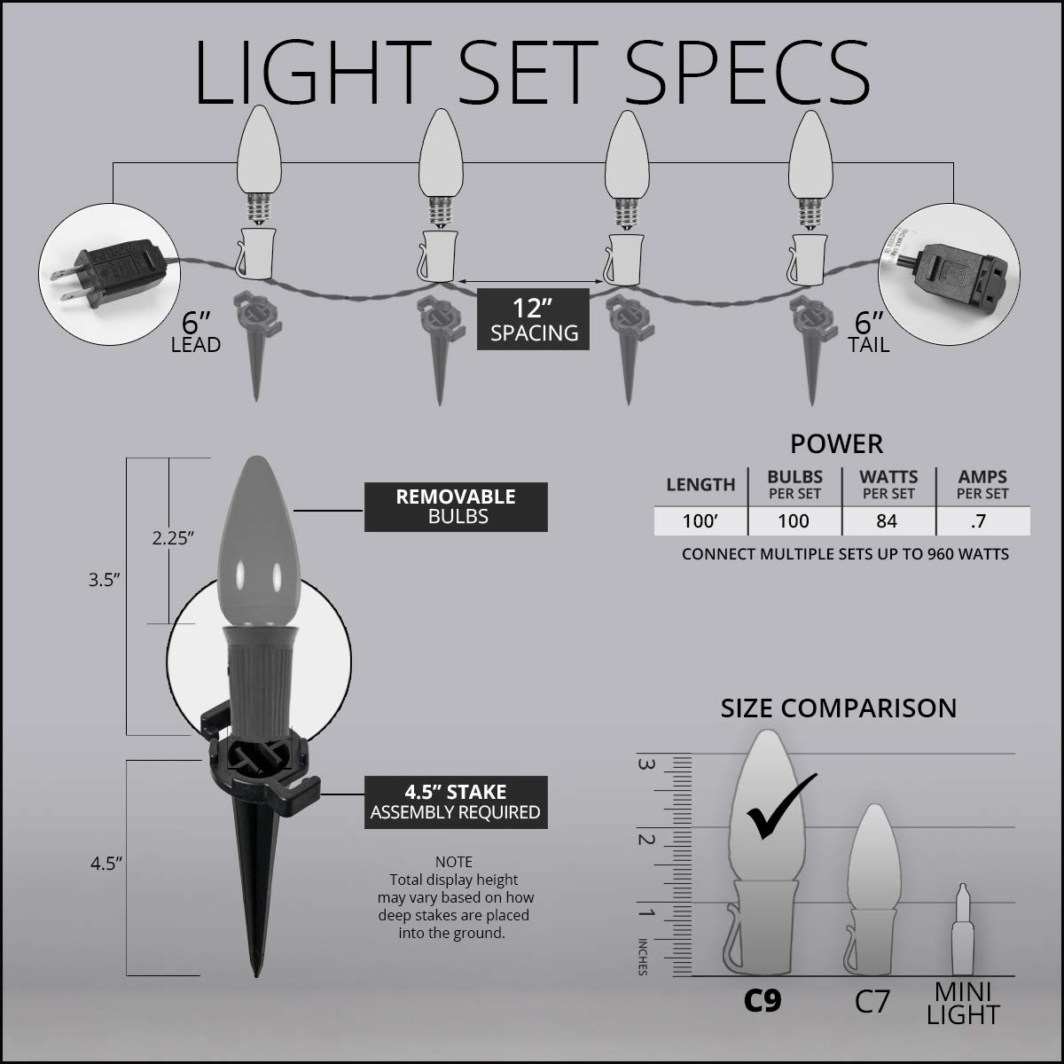 100’ OptiCore LED Cool White Smooth/Opaque Christmas Pathway Lights - C9 Outdoor White Christmas String Lights with 4.5” Stakes & Green Wire Plug - Perfect for Driveway, Walkway, Garden, and Holiday Decorations